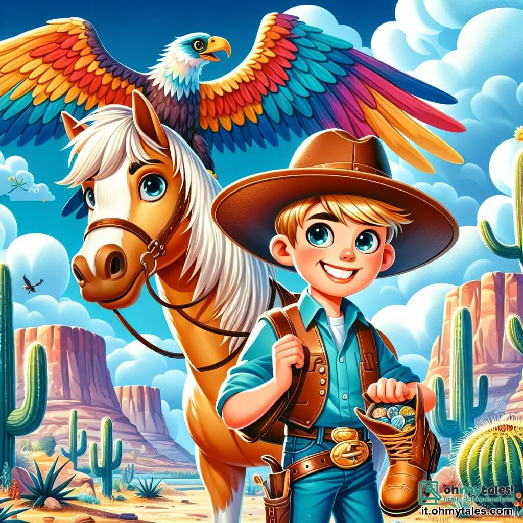 Un giovane cowboy, Sam, un ragazzo di circa 10 anni, indossa un grande cappello da cowboy marrone, un sorriso splendente e occhi pieni di curiosità. È in piedi accanto al suo fedele cavallo, Fulmine, un magnifico mustang dai crini dorati, che sembra impaziente di partire per un'avventura. Nel cielo, un maestoso aquila gigante con piume colorate di arcobaleno vola in cerchi, osservando la scena con uno sguardo saggio. La scena si svolge nella misteriosa Valle Incantata, dove cactus giganti dalle forme strane si ergono contro uno sfondo di rocce rosse e dune di sabbia dorata, sotto un cielo blu brillante punteggiato di nuvole bianche. Sam, tenendo un vecchio stivale pieno di pietre brillanti, guarda l'aquila con meraviglia, pronto a lanciarsi in una ricerca magica alla ricerca del tesoro nascosto.