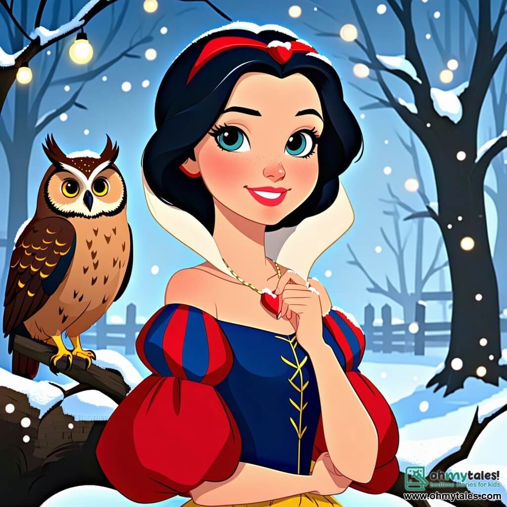 Snow White, a young woman with skin as pale as snow and hair as black as ebony, stands at the center of the scene, her face radiant with determination and hope. She wears a red and blue dress adorned with floral patterns, her eyes shining with a gentle and resolute glow. Beside her, a wise owl with brown and golden feathers perches on a branch, observing intently, its large round eyes filled with wisdom. A young fawn, with light brown fur speckled with white spots, timidly stands behind her, its curious eyes fixed on the magic of the forest. The setting unfolds in an enchanted clearing, surrounded by majestic trees with thick trunks and vibrant leaves, bathed in golden light filtering through the foliage. Colorful flowers in shades of pink, purple, and yellow blanket the ground, and a sparkling stream winds through the scene, adding a touch of freshness to the atmosphere. The main situation shows Snow White, arms open, calling for help from the forest creatures to save their habitat, while the owl and fawn listen attentively, ready to join her in this quest to restore the magic of their world.