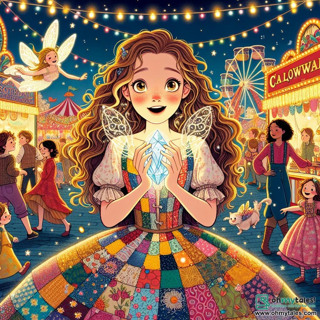 A 12-year-old girl named Lucy, with long curly hair and sparkling curious eyes, stands at the center of the scene, holding a shining crystal in her hands, her face lit up with wonder and joy. She wears a colorful patchwork dress adorned with festive patterns that dances around her as she prepares to reveal the secret of the carnival. Beside her, a delicate fairy with shimmering wings, golden hair, and a dress made of flower petals smiles kindly, hovering slightly above the ground, encouraging Lucy in her quest with eyes bright with excitement. In the background, children laugh and play, wearing colorful masks and vibrant costumes, while adults bustle around food and game stalls, creating a joyful and lively festive atmosphere. The setting is the heart of the Willowtown carnival, with twinkling light garlands hanging between trees, brightly decorated stalls, and a slowly turning illuminated Ferris wheel, adding to the magic of the event. The main situation shows Lucy discovering the magical crystal, a moment of revelation where she realizes she has an essential role in preserving the joy and magic of the carnival, surrounded by the festive energy around her.