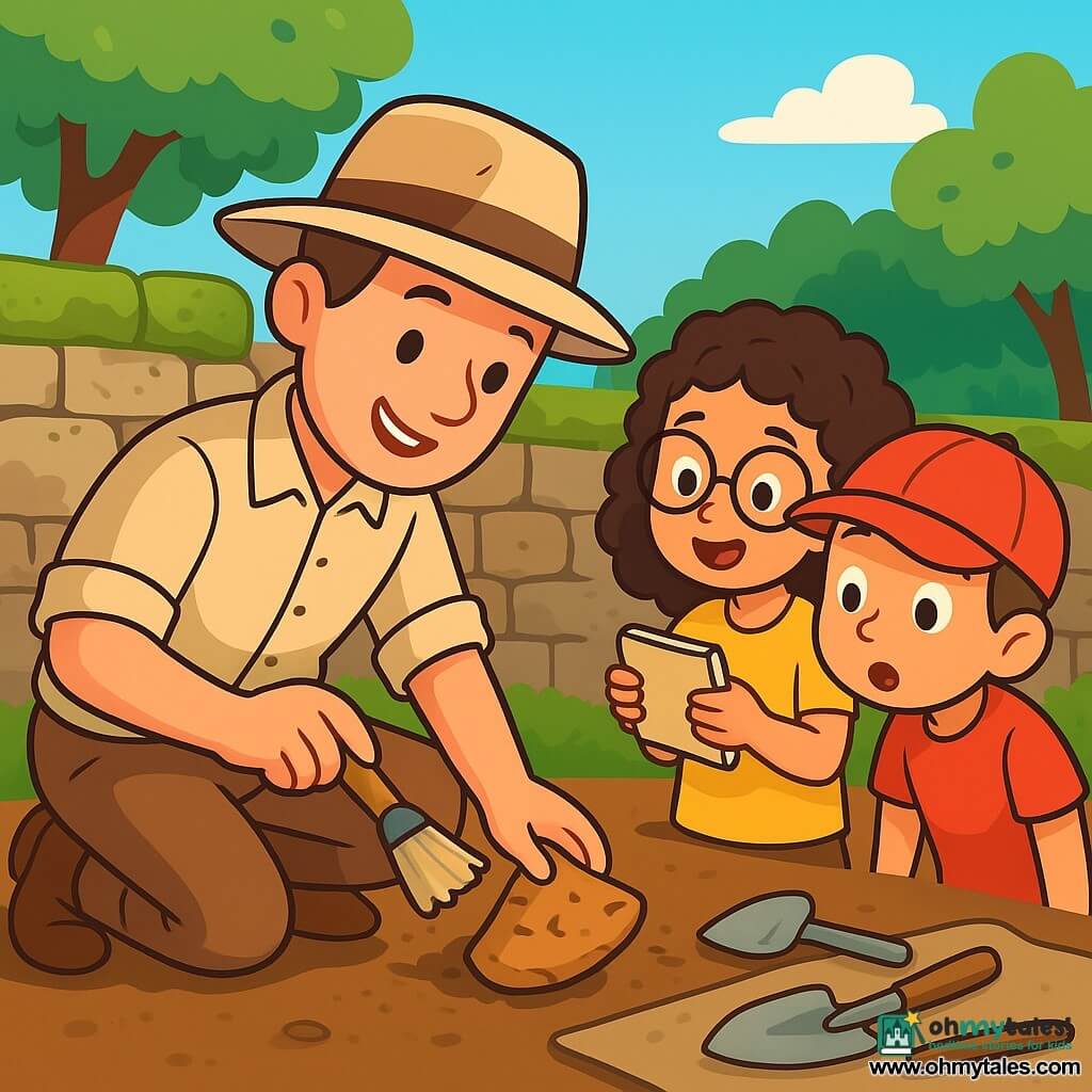 An archaeologist named Tom is kneeling on brown soil, wearing a wide beige hat and soft boots. He has a smiling, focused face, and his eyes shine with excitement as he uncovers a piece of pottery. Next to him, an 8-year-old girl with curly hair and glasses watches in awe, holding a small notebook. A 7-year-old boy in a red cap leans in for a closer look, his eyes wide with curiosity. The scene is set at a sunny archaeological dig site, surrounded by old stone walls covered in green moss, with metal and wooden tools laid out on a canvas tarp. Leafy trees provide shade, and the sky is bright blue. The main action shows Tom gently brushing away dirt from the pottery while the children watch closely, eager to uncover the secrets of the past.