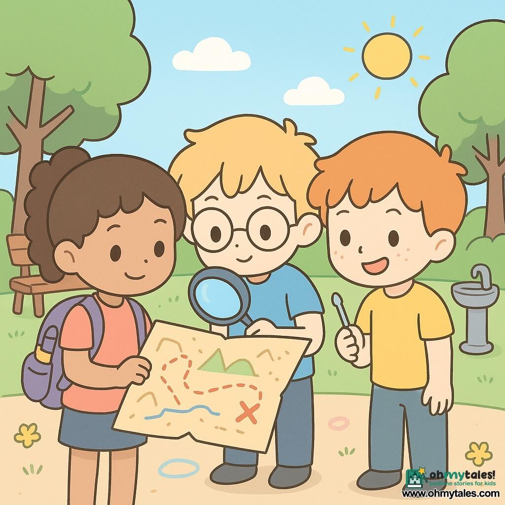 There are 3 characters: Maya, a 10-year-old girl with curly brown hair tied in a ponytail, carrying a purple backpack filled with "useful things." She stands on the left, holding a mysterious map with a curious smile. Leo, a 10-year-old boy with round glasses and messy blond hair, holds a magnifying glass like a detective. He is in the center, leaning towards Maya for a better view of the map. Sam, a 10-year-old boy with red hair and freckles, holds a small screwdriver. He is on the right, with a mischievous smile, looking at the map over Leo's shoulder. The setting is a small neighborhood park, with trees with bright green leaves, a wooden bench, and a metal drinking fountain. The ground is scattered with colorful chalk and small yellow flowers. The main situation shows the three children discovering an ancient and mysterious map with colorful lines and strange symbols under a clear blue sky. The children are surrounded by an atmosphere of adventure and discovery, with sunlight illuminating the scene.