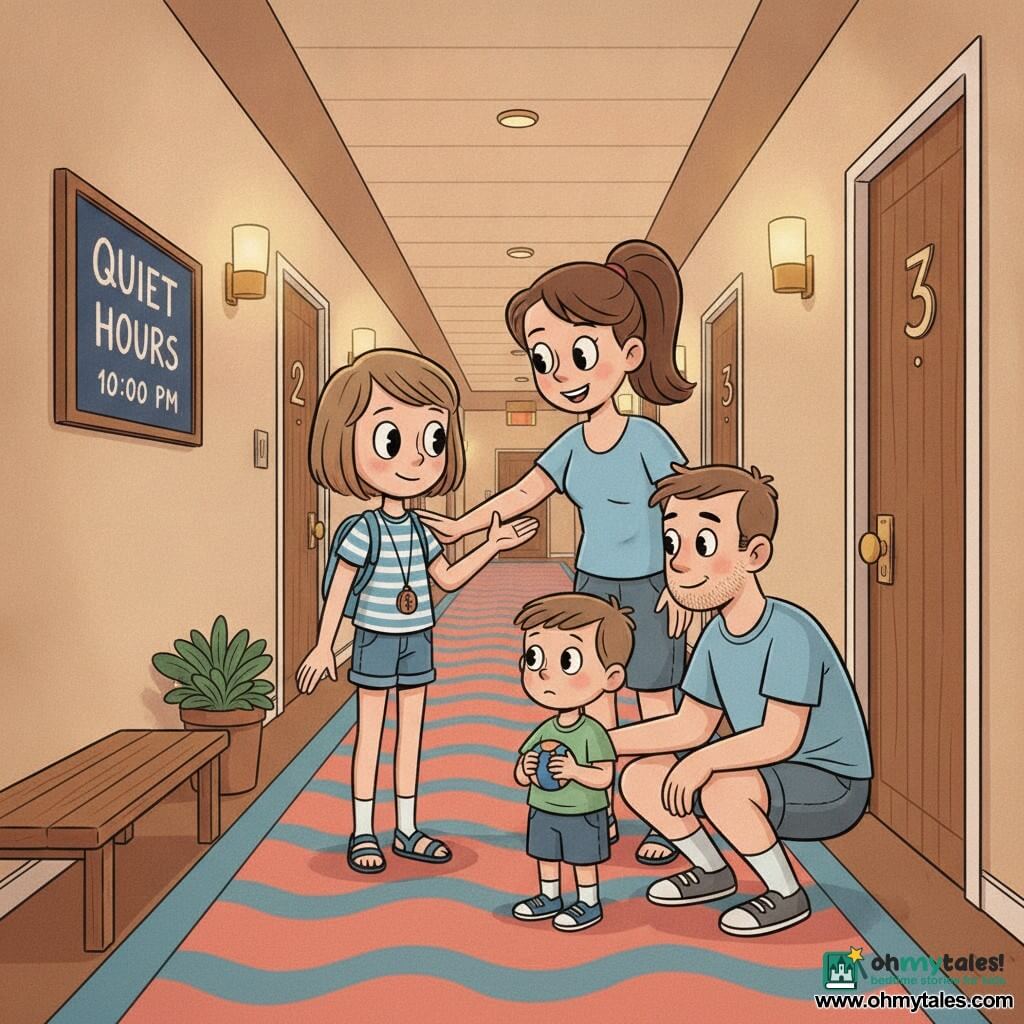 A slim 10-year-old girl with light brown bobbed hair and a gentle face with large expressive eyes, calmly determined, extends her hand politely asking for silence; she wears a blue-and-white striped t‑shirt, jean shorts, sandals, and a small wooden pendant on her backpack. Behind her a reassuring mother with brown hair in a ponytail stands a few steps back, smiling and encouraging with a hand on the girl's shoulder. In the foreground a man in his thirties with light stubble, crouched in a t‑shirt and shorts, speaks quietly to a ~6-year-old boy holding a small rubber ball and takes the ball to calm him. The hotel corridor is lit by warm wall lamps, coral-and-blue wavy carpet, wooden numbered doors in white frames, a wall sign reading "Quiet Hours 10:00 PM" on navy, and a small potted plant by a bench. The scene centers on the girl asking for quiet late in the evening, warm soft contrasts, clear readable expressions, mother supporting in the background, family calming in the foreground.