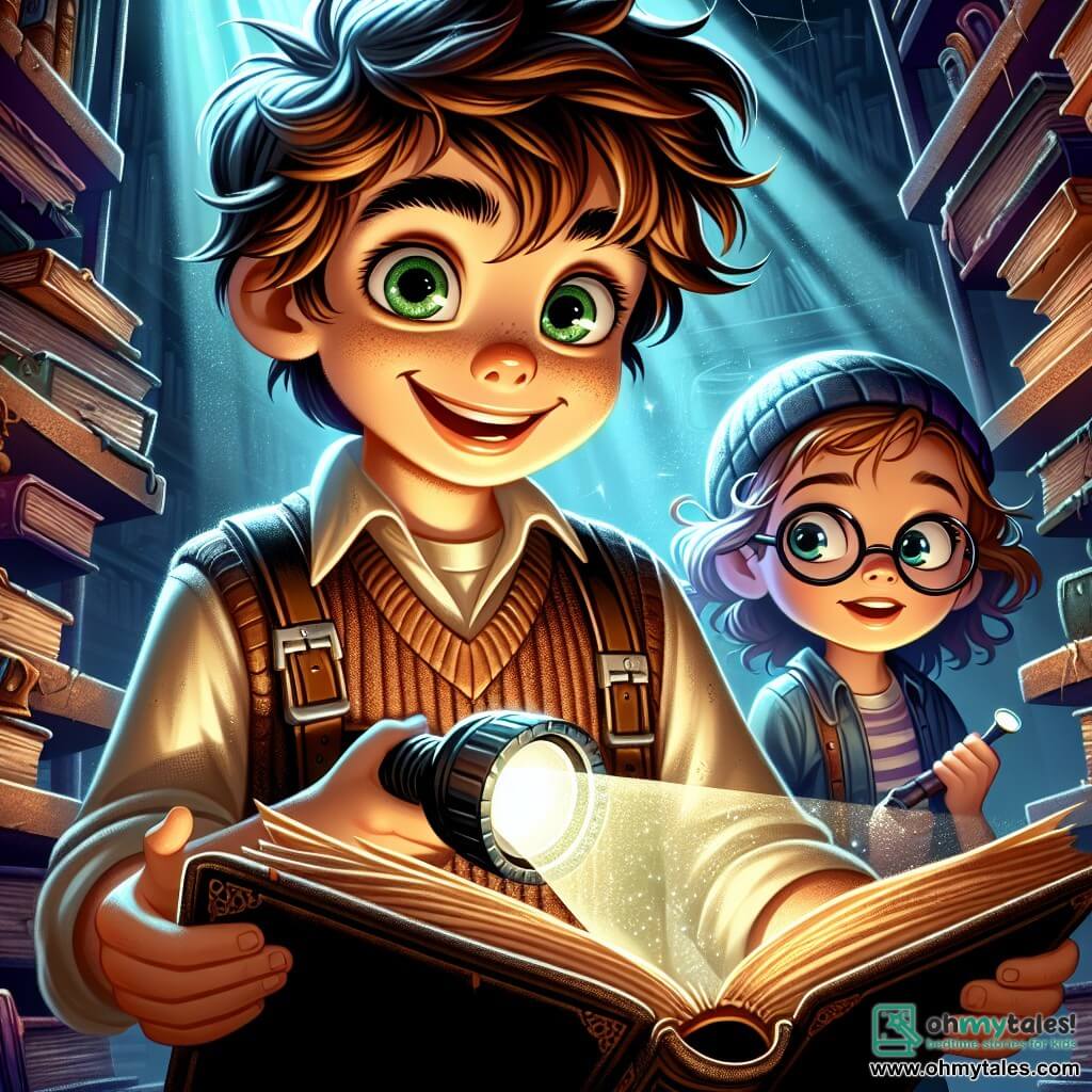 A 12-year-old boy, Oliver, with messy brown hair and sparkling curious eyes, stands in the center of a dark room, holding an old dusty book open in his hands. His expression shows excitement mixed with wonder, his brows slightly furrowed and a wide smile lighting up his face. Next to him, Bella, a 12-year-old girl with curly hair and round glasses, attentively observes the book, her face focused and determined, ready to solve the mystery. Max, a 12-year-old boy with blonde hair and a backwards cap, stands slightly back, holding a flashlight that illuminates the book, his gaze filled with awe and curiosity. The scene takes place in an ancient library, with dark wooden shelves filled with dusty books, cobwebs in the corners, and rays of light filtering through large dusty windows. The three friends discover a mysterious ancient book revealing a treasure map, ready to dive into a new adventure, surrounded by the intriguing and mysterious atmosphere of the library.