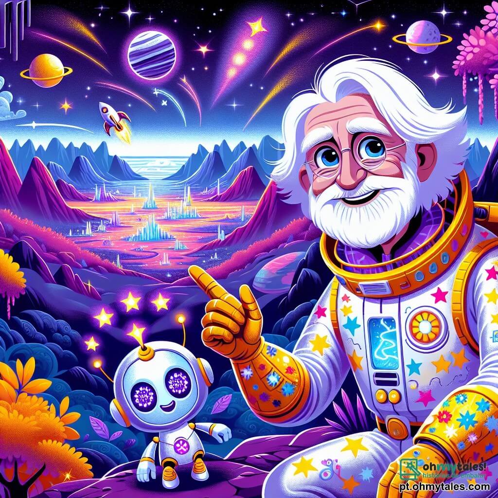 Um homem de aproximadamente 60 anos, o Dr. Estelar, está no centro da imagem, com cabelos brancos como nuvens e olhos azuis brilhantes de excitação. Ele usa um traje espacial colorido, decorado com padrões de estrelas, e sorri amplamente enquanto aponta para um novo planeta brilhante no céu. Ao seu lado, sua fiel assistente robô, Estela, uma pequena criatura metálica com olhos luminosos e braços articulados, flutua alegremente. Ela emite luzes cintilantes, adicionando um toque mágico à cena. Ao fundo, uma paisagem extraterrestre encantadora se desenrola: montanhas coloridas em tons roxos e laranjas, árvores com folhas luminosas e um céu estrelado salpicado de planetas cintilantes. A situação principal mostra o Dr. Estelar e Estela, maravilhados, observando sua nova colônia neste mundo desconhecido, prontos para construir um futuro radiante juntos.