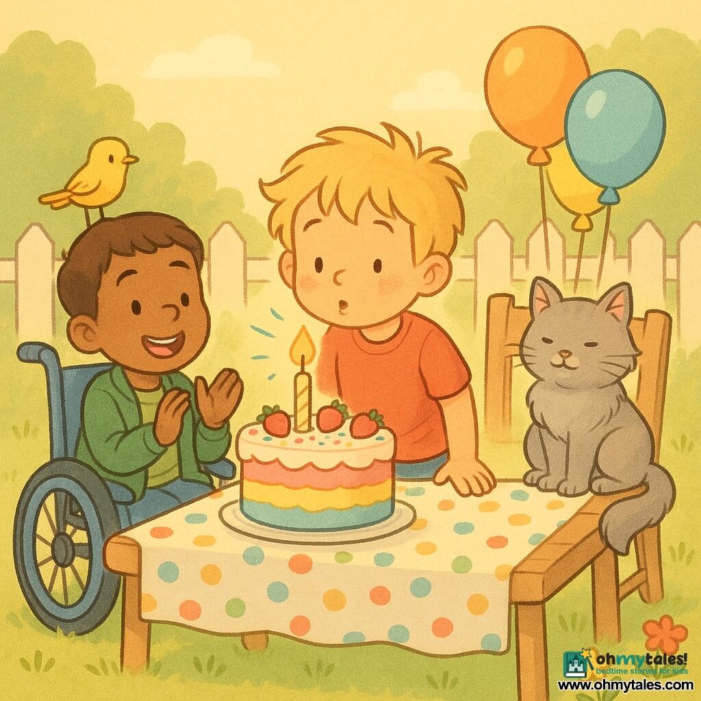 Four characters: Max, a 7-year-old blond boy in a red T-shirt and blue shorts, stands center blowing out a candle on a colorful tiered cake; Leo, a 7-year-old brown-haired boy in a green jacket, sits in a blue wheelchair to Max’s left, smiling and clapping; a bright yellow bird perches on the fence behind the table; Whiskers, a fluffy gray cat, sits on the table to the right of the cake. Setting: sunny garden with green lawn, a wooden table covered by a polka-dot cloth, multicolored balloons tied to a chair, a white fence and small pink and yellow flowers at the lawn edge. Main scene: birthday moment at sunset light—friends applaud as Max blows a single large candle on a cake topped with sugar sparkles and strawberries, warm joyful expressions.