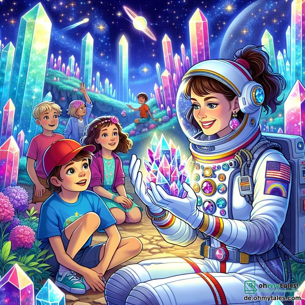 Eine Astronautin, Dr. Lena Stern, steht im Vordergrund, eine Frau mit braunen, zu einem Pferdeschwanz gebundenen Haaren, die einen weißen Raumanzug mit farbigen Akzenten trägt. Sie lächelt strahlend und hält einen funkelnden Kristall in den Händen, fasziniert von seiner Schönheit. Neben ihr steht ein etwa 8-jähriger Junge mit einer roten Kappe, der mit weit aufgerissenen Augen den Kristall betrachtet. Er trägt ein blaues T-Shirt und Shorts und steht leicht im Hintergrund, den Blick auf Lena gerichtet. Hinter ihnen sitzt eine Gruppe von vier Kindern, zwei Mädchen und zwei Jungen, auf dem Boden, umgeben von bunten, im Licht eines sternenklaren Himmels funkelnden Kristallen. Die Kinder lachen und staunen, was eine fröhliche und neugierige Atmosphäre schafft. Die Szene spielt in einer außerirdischen Landschaft des Planeten Glitzera, mit riesigen Kristallen, die wie funkelnde Bäume emporragen und den Boden in leuchtenden Farben – Blau, Violett, Rosa und Grün – erhellen. Der Himmel ist mit funkelnden Sternen gefüllt, und ein sanftes goldenes Licht durchflutet die Szene, was eine magische Stimmung erzeugt. Die Hauptsituation zeigt, wie Lena ihre Entdeckung mit den Kindern teilt, ihnen die Schönheit der Kristalle erklärt und sie ermutigt, groß zu träumen, während sie gemeinsam die Wunder des Universums entdecken.