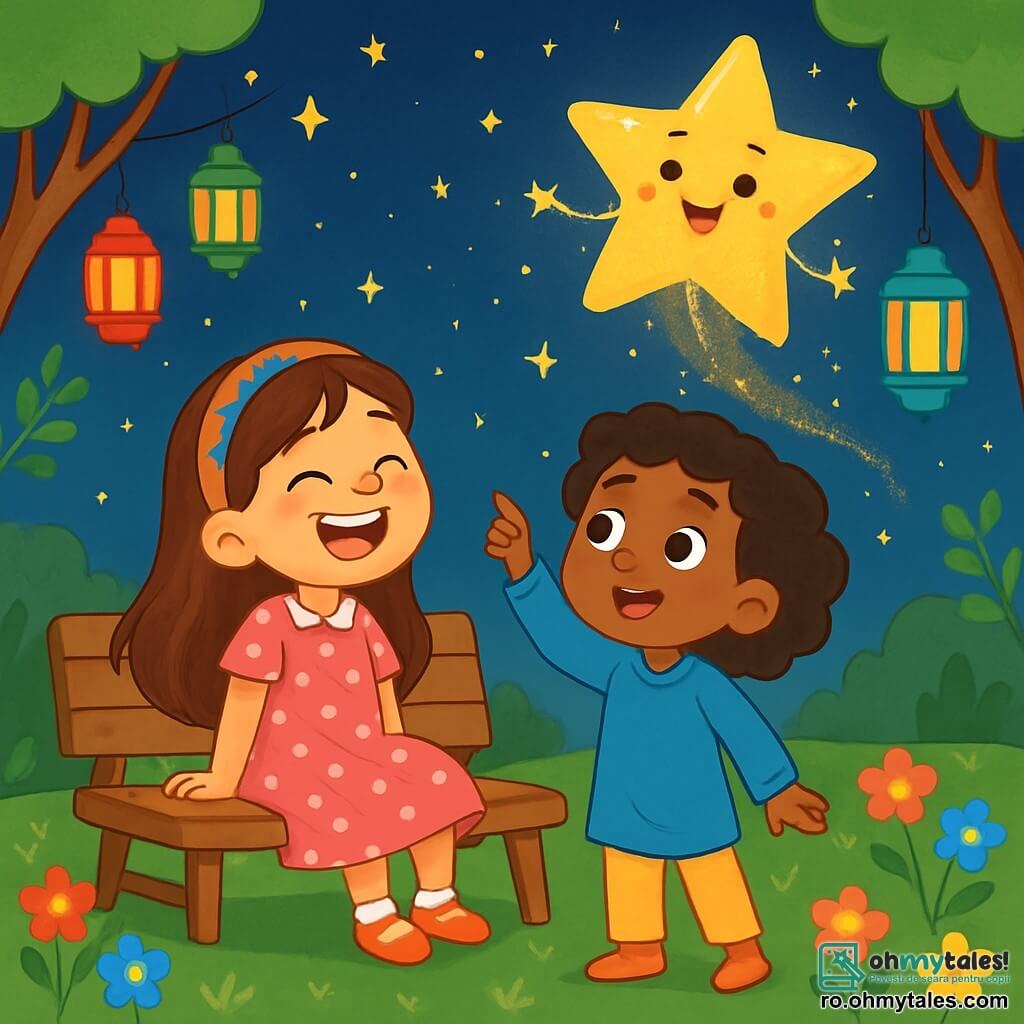 Există 3 personaje: - Dalia: o fetiță de 7 ani cu păr lung brunet și ochi strălucitori. Poartă o rochie roz cu buline albe și un bentiță colorată. Este așezată pe o bancă, râzând cu poftă. - Nour: o fetiță de 7 ani cu părul creț și ochi curioși. Este îmbrăcată cu o tunică albastră și pantaloni galbeni. Stă în picioare lângă Dalia, arătând cu degetul spre o stea strălucitoare de pe cer. - Steaua poznașă: o stea luminoasă, antropomorfă, cu o față zâmbitoare și brațe sclipitoare. Plutește deasupra fetelor, dansând vesel și lăsând în urmă dâre de lumină aurie. Locul se desfășoară într-un parc magic sub un cer înstelat, unde stelele strălucesc ca niște confetti. Lanterne colorate atârnă de crengile copacilor, creând o atmosferă caldă și festivă. Solul este acoperit cu iarbă verde și moale, iar flori multicolore adaugă o notă de veselie. Situația principală arată cum Dalia și Nour râd și se distrează cu steaua poznașă, care dansează deasupra lor. Fetele sunt fascinată de magia nopții, în timp ce steaua poznașă le invită să se joace și să descopere minunile Ramadanului.