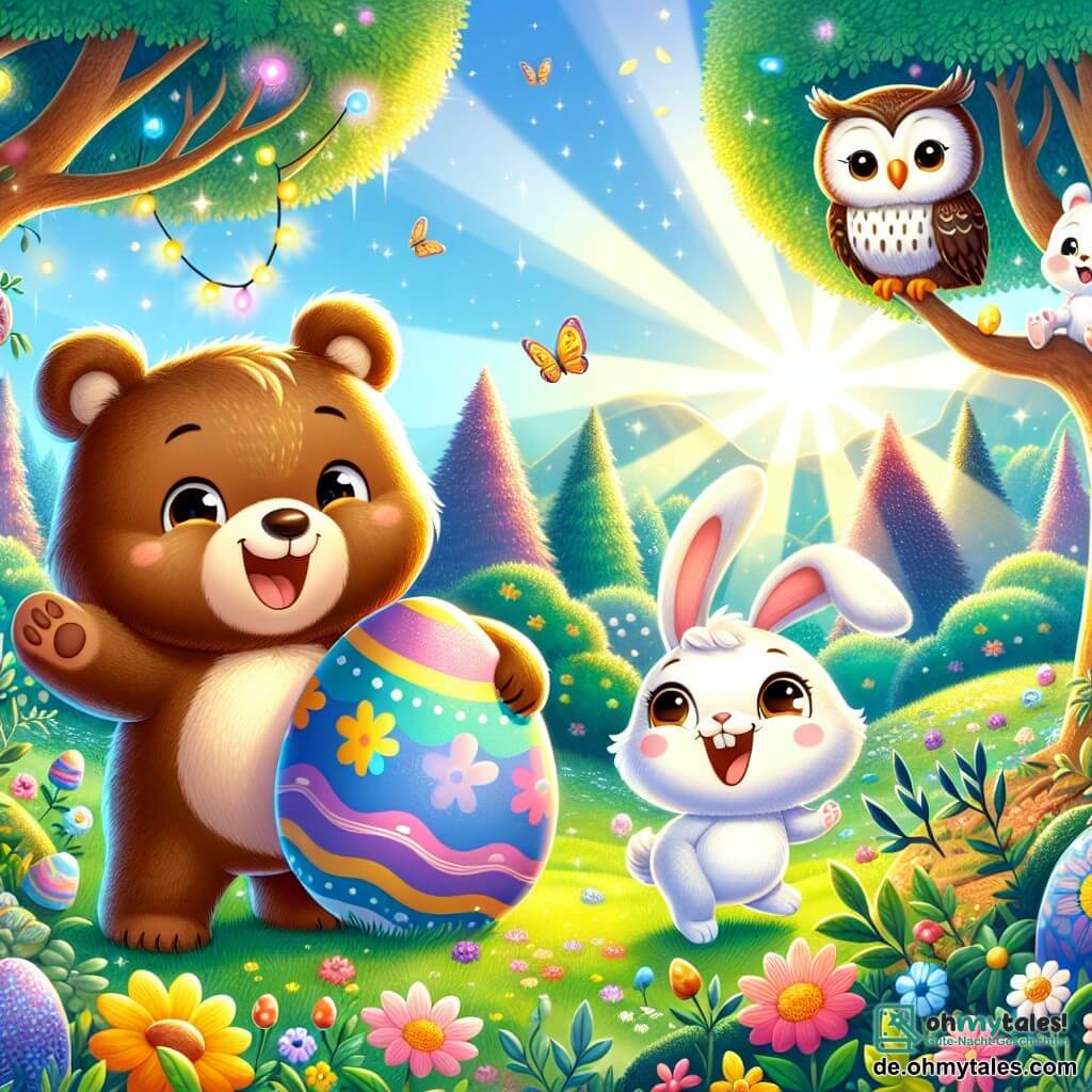 Ein kleiner brauner Bär namens Bruno, mit weichem Fell und funkelnden Augen, steht vor einem großen, bunten Osterei und lächelt begeistert. Neben ihm hüpft ein kleiner weißer Hase namens Hopsi, mit großen Ohren und einem neugierigen Gesicht, voller Freude in die Luft. Eine weise Eule namens Ella, mit großen runden Augen und braunen Federn, sitzt auf einem Ast und beobachtet die Szene mit einem wohlwollenden Lächeln. Die Kulisse ist ein wunderschöner Frühlingswald, gefüllt mit leuchtenden Blumen und Sonnenstrahlen, die durch die grünen Blätter scheinen. Im Hintergrund verleihen majestätische Bäume und bunte Büsche dem Ort einen Hauch von Magie. Die Hauptsituation zeigt Bruno, Hopsi und Ella, die die Entdeckung des Ostereis feiern, umgeben von Lachen und Freude, bereit, ihr Fest zu beginnen.