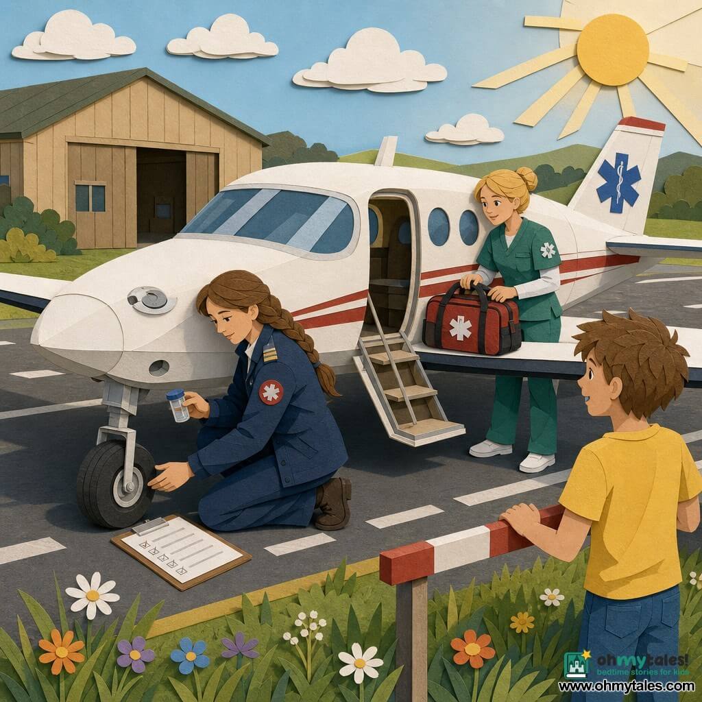 A female pilot in her thirties with brown hair in a long braid, a soft focused face and serene smile, wearing a dark blue pilot jacket with a red medical insignia, kneels by the nose wheel checking the tires and holding a small fuel sampling cup; a nurse (Tessa), about 30–35, fair skin, blonde hair in a bun and green medical uniform, stands at the plane door adjusting a medical bag and looks at the pilot with complicity; an 11‑year‑old boy (Leo) with tousled chestnut hair, amazed eyes, in a yellow T‑shirt and jeans stands behind the painted safety line with his hands on the barrier watching admiringly; a small white light aircraft with a red stripe and blue medical symbol on the tail, round windows, smooth wings and an extended folding step; a small airfield on a clear morning with a beige wooden hangar, grey runway with white markings, green grass and wildflowers at the tarmac edge, a pale sky with soft cutout clouds and a low sunbeam; overall a calm, methodical preflight inspection before a medical mission, precise gestures (checking tires, fuel cap, visible checklist), expressions of kind seriousness and an atmosphere of preparation and trust.