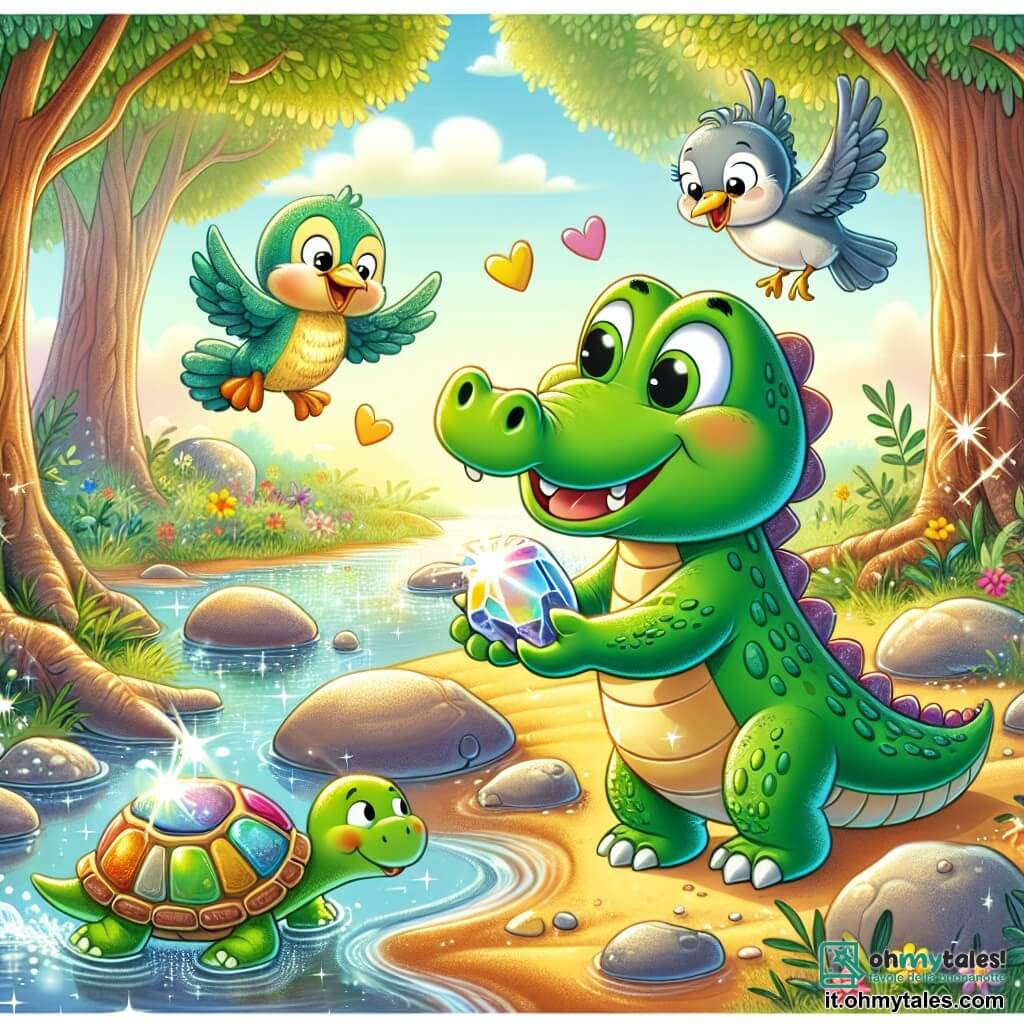Un piccolo coccodrillo di nome Cocco, con una pelle verde brillante e grandi occhi curiosi, si trova sulla riva di un ruscello, sorridente, mentre tiene una pietra lucente tra le sue piccole zampe. Accanto a lui, Tino, un uccello con piume gialle e blu, vola allegramente intorno, mentre Lalla, una tartaruga dal guscio colorato, avanza lentamente sul terreno, con gli occhi brillanti di eccitazione. Il luogo è una foresta magica, con alberi maestosi dai tronchi spessi, fiori multicolori che danzano nel vento e un ruscello scintillante che serpeggia tra le rocce. La luce del sole filtra tra le foglie, creando ombre danzanti sul terreno. Cocco scopre la pietra della saggezza, circondato dai suoi amici, e insieme si preparano a partire per un'avventura, pieni di coraggio ed entusiasmo.