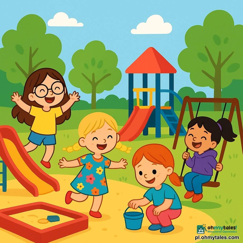 W parku bawi się czterech dzieci: Hania (6 lat, długie brązowe włosy, okrągłe okulary, żółta koszulka, dżinsowe szorty), Zosia (5 lat, blond włosy w warkoczach, kolorowa sukienka w kwiaty, kręci się obok piaskownicy), Ola (6 lat, rude włosy, piegi, niebieska koszulka, różowe spodnie, klęczy z małym wiaderkiem przy placu zabaw), Majka (5 lat, czarne włosy w kucyku, fioletowa bluza, siedzi na huśtawce i głośno się śmieje). W parku są zielone drzewa, jasnoniebieskie niebo i kolorowy plac zabaw z huśtawkami, zjeżdżalniami i piaskownicami. Dzieci bawią się razem, Hania skacze wokół Zosi, Ola bawi się wiaderkiem, a Majka huśta się, tworząc radosną atmosferę.