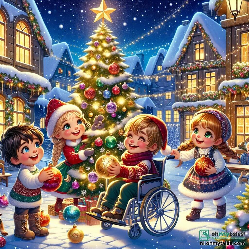 In een magische kerstscène staan vier kinderen in het midden van een charmant dorpsplein. Tim, een achtjarige jongen met rommelig bruin haar en een grote glimlach, houdt een gouden ster vast die hij op een kerstboom wil hangen. Rechts van hem lacht Lotte, een meisje met gevlochten blond haar en roze wangen, terwijl ze een lichtslinger vasthoudt. Links zit Sam, een jongen met kastanjebruin haar in zijn rolstoel, die glimlacht met een glinsterende ornament in zijn handen, terwijl Noor, een meisje met zwarte krullend haar, om hen heen danst met een kleurrijke kerstbal. De plek is een besneeuwd dorpsplein, omringd door houten huizen versierd met fonkelende lichten en slingers. Een grote kerstboom, rijkelijk versierd met kleurrijke ballen en heldere lichten, staat in het midden en verlicht de scène met een zachte gouden gloed. Sneeuwvlokken vallen zachtjes uit de sterrenhemel en voegen een vleugje magie toe aan de feestelijke sfeer. De kinderen versieren samen de kerstboom, delen lachen en vreugde, terwijl de magie van kerst hen omringt en een warme, gezellige moment creëert.