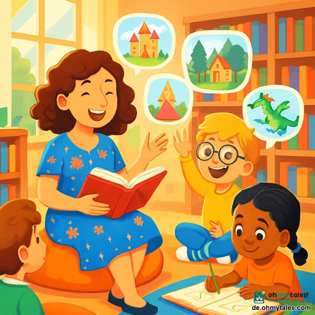 Eine lächelnde Lehrerin in ihren dreißigern mit lockigem kastanienbraunem Haar trägt ein blaues Kleid mit Blumenmustern. Sie sitzt auf einem großen, weichen Kissen, umgeben von Kindern, und ihr Gesicht strahlt Freude und Begeisterung aus. Neben ihr hebt ein 8-jähriger Junge mit blonden Haaren und runden Brillen lächelnd die Hand, um seine Antwort zu teilen. Ein anderes Kind, ein 7-jähriges Mädchen mit schwarzen Zöpfen, zeichnet mit Buntstiften in einem großen Heft, die Augen leuchtend vor Konzentration. Die Szene spielt in einer gemütlichen Bibliothek mit Holzregalen, bunten Büchern und bequemen Kissen auf einem weichen Teppich. Sanftes Licht strömt durch große Fenster und schafft eine einladende, magische Atmosphäre. Die Lehrerin erzählt eine fesselnde Geschichte, umgeben von aufmerksam lauschenden Kindern, deren Gesichter von der Aufregung des literarischen Abenteuers erleuchtet sind. Illustrationen von Büchern schweben um sie herum und zeigen Szenen aus verzauberten Märchen, was der Umgebung einen Hauch von Fantasie verleiht.