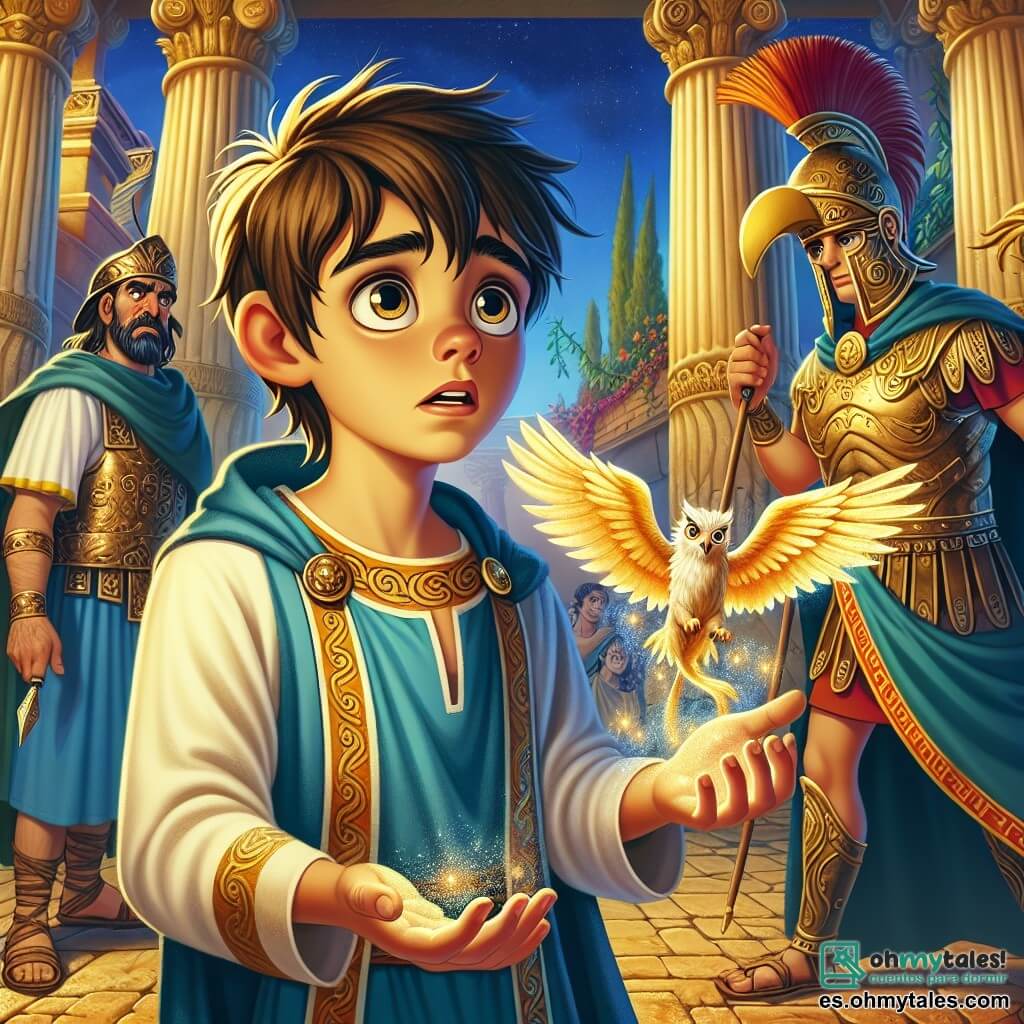 Lucio, un joven de 12 años con cabello castaño desordenado y ojos llenos de curiosidad, se encuentra en el centro de la escena, con la boca ligeramente abierta, expresando tanto asombro como miedo. Lleva una túnica azul con motivos dorados y en su mano sostiene una pequeña varita mágica brillante. A su derecha, un guerrero romano de aproximadamente 30 años, con una brillante armadura de bronce y un casco con plumas, observa a Lucio con desconfianza, con los brazos cruzados. A su izquierda, una criatura mágica, un grifo de plumas doradas y ojos penetrantes, se acerca a él, curiosa, con las alas desplegadas y listas para volar. La escena tiene lugar en el Foro romano, rodeado de columnas majestuosas, estatuas vivientes y vegetación exuberante. El cielo es de un azul profundo con nubes blancas, y una luz dorada ilumina el suelo pavimentado. Lucio, perdido en el tiempo, intenta comprender su entorno mágico, mientras el guerrero y el grifo lo observan, cada uno listo para reaccionar a sus próximas acciones.