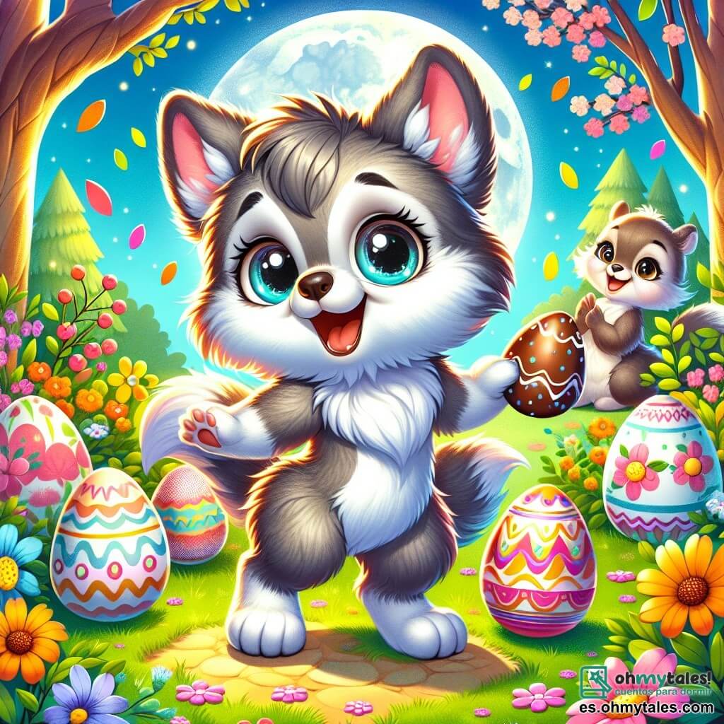 Un pequeño lobo llamado Lupi, con un suave pelaje gris y ojos brillantes de alegría, baila felizmente en el centro de un claro de luna, rodeado de flores coloridas y huevos de Pascua decorados. Tiene una gran sonrisa en su rostro, mostrando su entusiasmo por la fiesta. A su lado, una pequeña ardilla llamada Susi, con pelaje marrón claro y una cola esponjosa, aplaude riendo, con sus ojos brillando de emoción. Sostiene un huevo de chocolate decorado en sus pequeñas patas, lista para mostrárselo a Lupi. El lugar es un hermoso parque primaveral, lleno de flores brillantes, árboles verdes y un cielo azul claro, donde los rayos de sol se filtran a través de las hojas, creando una atmósfera alegre y festiva. La situación principal muestra a Lupi y Susi celebrando la fiesta de Pascua, rodeados de sus amigos animales, en un ambiente de felicidad y compartir, con risas y canciones resonando a su alrededor.