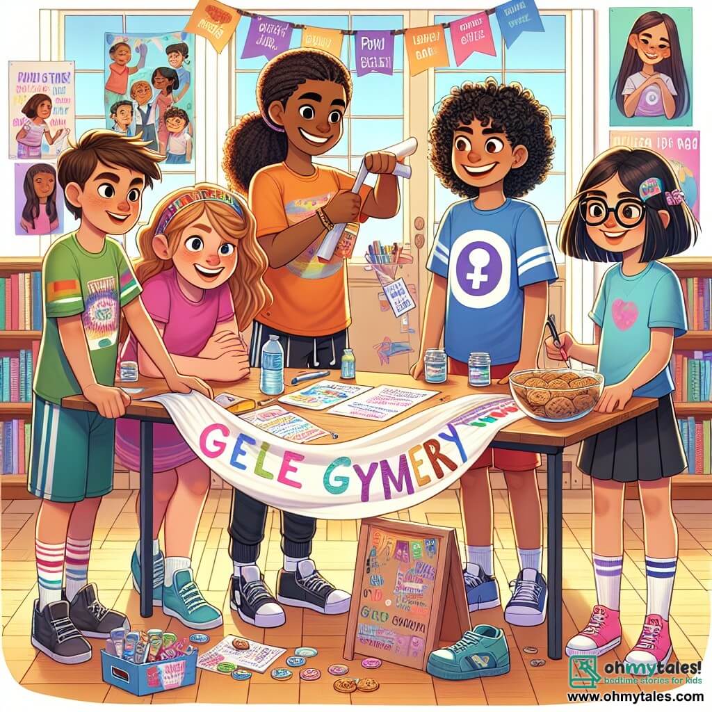A 10-year-old girl with long, curly hair, wearing a colorful t-shirt and shorts, is draping a banner over a table, smiling and full of energy. A 10-year-old boy with short brown hair, dressed in a sports jersey, holds a sign with slogans about gender equality, looking determined. Another 10-year-old girl with glasses and braids is writing ideas on a large board, focused and enthusiastic. Finally, a 10-year-old girl with straight black hair, wearing a skirt and sneakers, is handing out cookies to approaching children, radiating joy. The setting is a bright school library with shelves filled with colorful books, posters on the walls promoting equality, and large windows letting in sunlight, creating a welcoming and inspiring atmosphere. The main scene shows the children gathered around the table, exchanging ideas and enthusiastically discussing their club to promote gender equality, all united in a common goal, with smiles and gestures of encouragement.