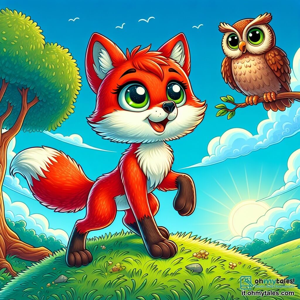 Un giovane volpe dal pelo rosso vivo, con grandi occhi brillanti e un'espressione di curiosità mista a meraviglia, si trova sulla cima di una collina verdeggiante, con le zampe leggermente divaricate, pronto a saltare. Vicino, un saggio gufo dalle piume brune e dagli occhi rotondi, con un'espressione calma e riflessiva, osserva la volpe con benevolenza, posato su un ramo di una vecchia quercia. Il cielo è di un blu splendente, punteggiato di nuvole bianche e soffici, mentre il sole sorge all'orizzonte, illuminando il paesaggio con una dolce luce dorata. La scena principale mostra la volpe, ispirata dal vento che soffia intorno a lei, pronta a saltare per toccare i cieli, simboleggiando il suo desiderio di libertà e avventura.