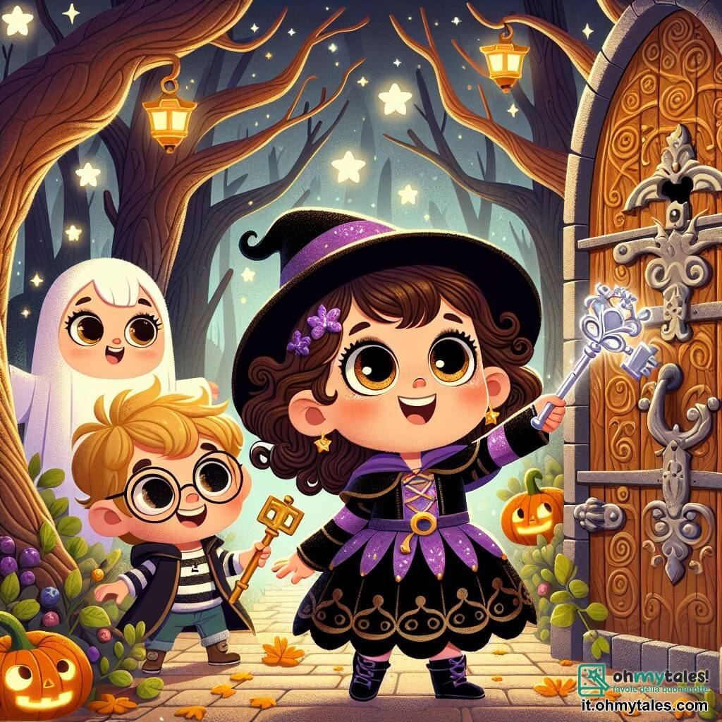 Una bambina di 3 anni, Sofia, con grandi occhi brillanti e capelli ricci castani, indossa un costume da strega nero e viola. Ha un sorriso meravigliato mentre tiene in mano una chiave d'argento scintillante. Accanto a lei, Marco, un ragazzo di 4 anni con capelli biondi e occhiali rotondi, guarda la chiave con curiosità, mentre Giulia, una bambina di 3 anni con capelli lisci e neri, indossa un costume da fantasma e sorride gioiosamente. Si trovano in una foresta misteriosa, dove grandi alberi dai tronchi nodosi si ergono verso il cielo stellato, e luci scintillanti fluttuano attorno a loro, creando un'atmosfera magica. Al centro della scena, è visibile una porta di legno decorata con motivi strani, circondata da rovi e foglie dorate. La situazione principale mostra Sofia che inserisce la chiave d'argento nella serratura della porta, pronta a scoprire il regno magico di Halloween, mentre i suoi amici la incoraggiano con eccitazione e meraviglia.