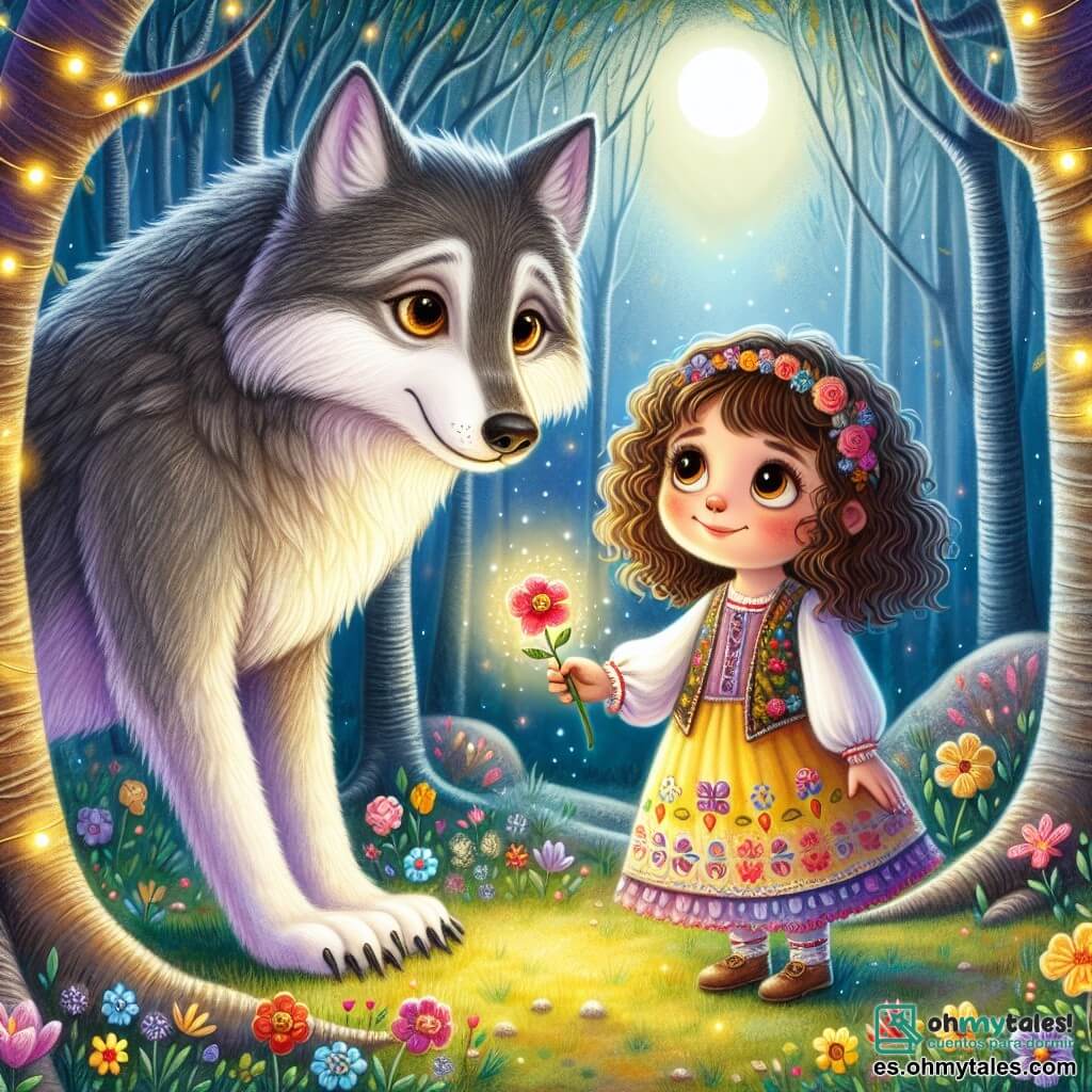 Una niña de 4 años, llamada Ana, está en el centro de la escena, con grandes ojos curiosos y una sonrisa cálida. Tiene el cabello rizado y castaño, y lleva un vestido colorido adornado con flores. Ana extiende la mano hacia un gran lobo a su lado, mostrando una expresión de compasión y determinación. El lobo, que parece majestuoso y un poco triste, tiene pelaje gris y ojos brillantes llenos de gratitud. Está sentado sobre sus patas traseras, mirando a Ana con admiración. El escenario se encuentra en un claro encantado del bosque, rodeado de grandes árboles y flores coloridas que bailan al viento. Un suave rayo de luna ilumina la escena, creando una atmósfera mágica y cálida. La situación principal muestra a Ana, con una mirada valiente, extendiendo una hermosa flor luminosa al lobo, simbolizando la amistad y el valor, mientras el lobo parece dispuesto a aceptar su ayuda para romper el hechizo que lo retiene.