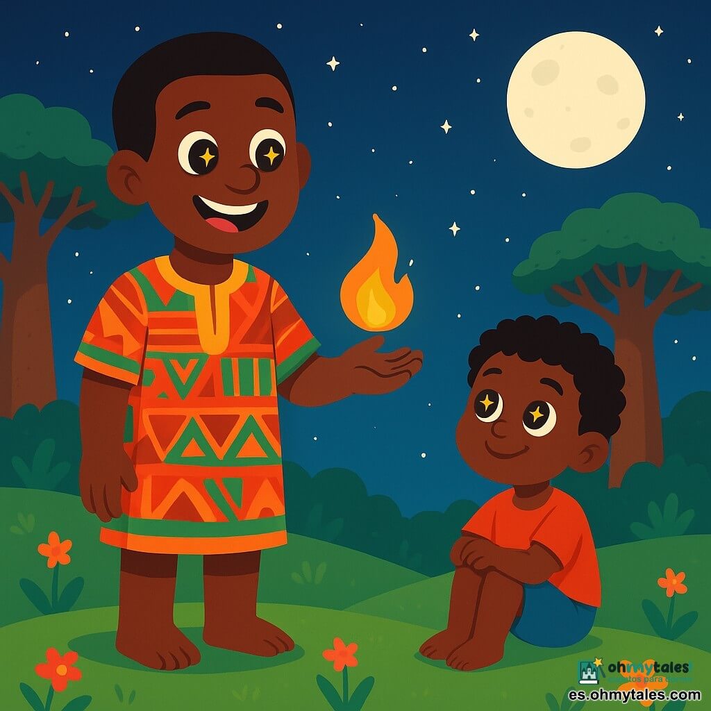 Un hombre llamado Kofi, alto y sonriente, con ojos brillantes como estrellas, se encuentra en la cima de una colina. Lleva una túnica de tela colorida, adornada con motivos africanos, y mira con asombro una pequeña llama dorada que danza frente a él. A su lado, un niño de unos 8 años, con cabello rizado y ojos chispeantes, está sentado en la hierba, sonriendo y admirando el fuego. El paisaje está lleno de baobabs majestuosos con troncos anchos y frondosos, bajo un cielo estrellado donde la luna brilla como una calabaza blanca. La colina es suave y verde, salpicada de flores coloridas que añaden magia a la escena. Kofi acaba de encender una llama suave y cálida, símbolo de compartir y amor, mientras el niño lo observa con ojos maravillados, listo para escuchar una historia.