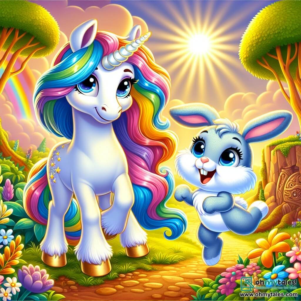 In the center of the image, a beautiful unicorn named Lila stands proudly. She has a bright white coat that shines in the sun, with a rainbow mane that sparkles like stars. Her large, sparkling eyes reflect excitement and curiosity as she leans slightly forward, ready to explore. Beside her, a small blue rabbit named Benny, with fluffy ears and bright eyes, hops joyfully. He has a beaming smile and looks full of energy, admiring Lila. The setting is an enchanted forest filled with golden-trunked trees and colorful flowers dancing in the wind. Rays of light filter through the foliage, creating a magical and warm atmosphere. The scene captures the moment when Lila and Benny discover an ancient rock adorned with mysterious engravings, illuminated by a soft glow. They are about to begin their quest to find the Gem of Friendship, filled with enthusiasm and adventure.