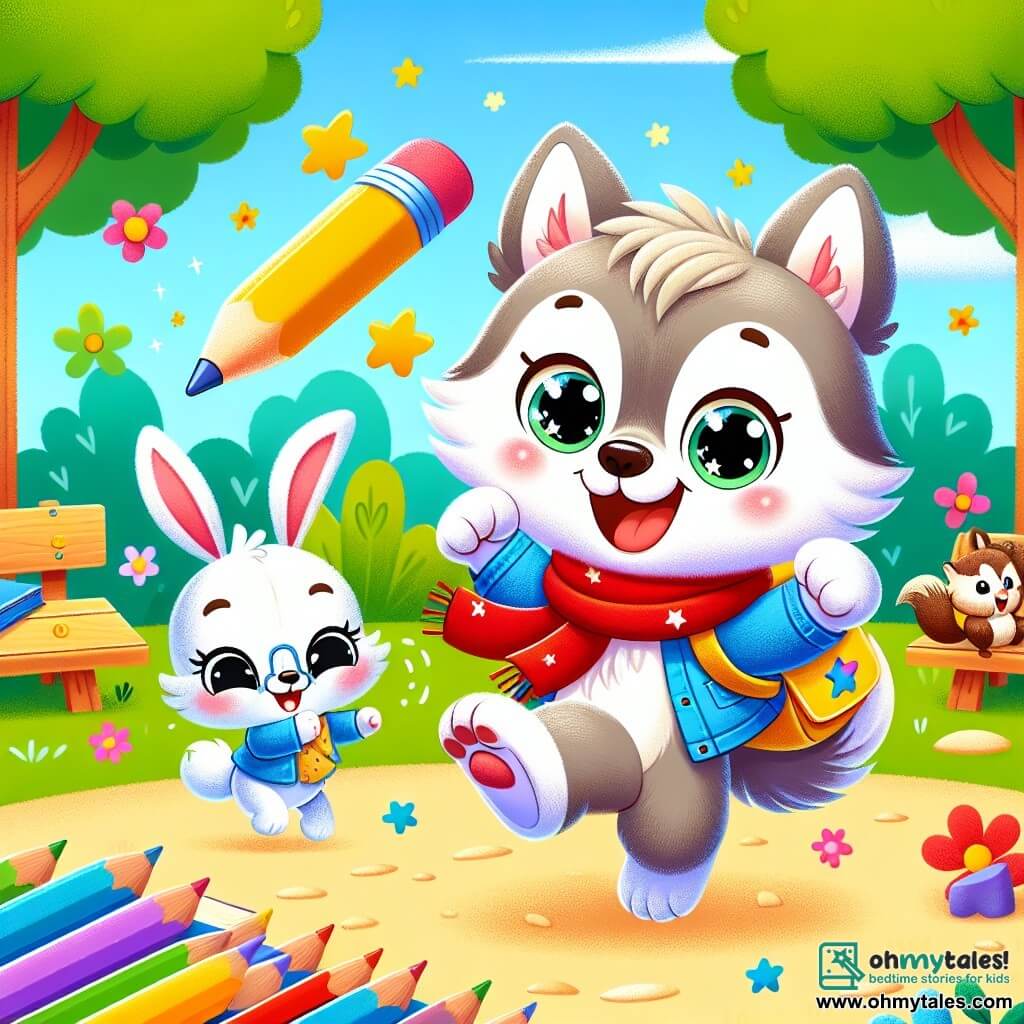 An illustration depicts a small wolf with bright eyes and soft fur, expressing great joy and excitement. He wears a red scarf and a small blue backpack adorned with stars. The wolf is jumping with happiness, surrounded by vibrant colors. Next to him, a small rabbit with big ears and white fur, smiling and full of energy, is hopping in the air, sharing the wolf's enthusiasm. A brown squirrel with a bushy tail stands a bit back, smiling and raising a paw in greeting, ready to join them. The main setting is a sunny schoolyard surrounded by trees with bright green leaves and colorful flowers dancing in the wind. Wooden play equipment and benches are scattered around, creating a joyful and welcoming atmosphere. The scene shows the little wolf and his new friends, eager to start their first day of school, filled with excitement and anticipation for the adventures ahead. Additional graphic elements include colored pencils, open books, and a large blackboard in the background, enhancing the school and festive ambiance of this special day.