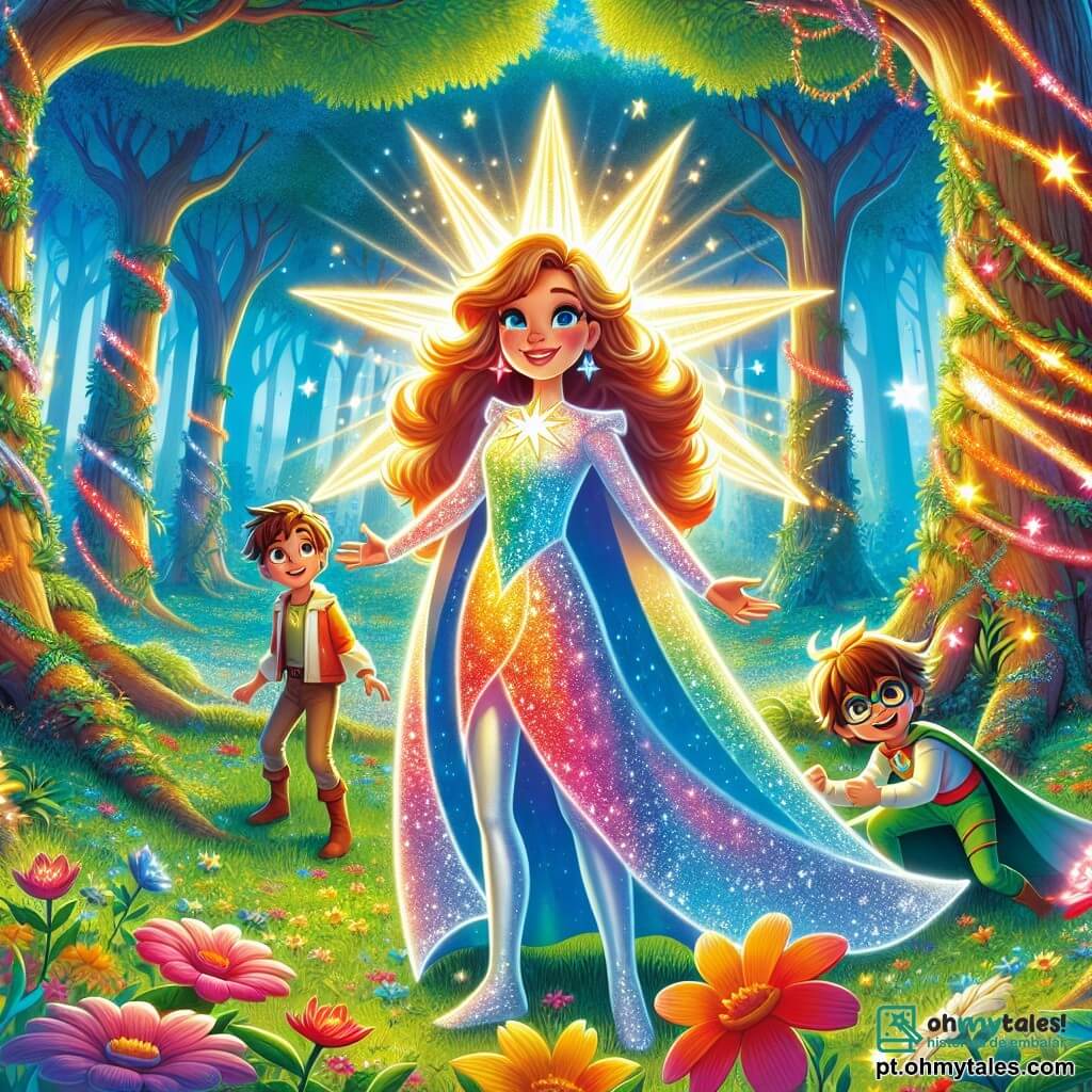 Estrella-Luz, uma mulher heroica com cabelos brilhantes como estrelas e um sorriso radiante, está no centro da cena, com os braços abertos e um olhar determinado. Ela usa um traje cintilante nas cores do arco-íris que reflete a luz do sol. Ao seu lado, Luminar, um garoto de cerca de 10 anos, cria luzes coloridas que dançam ao seu redor, com os olhos brilhando de alegria. Um pouco afastada, Flora, uma menina de 9 anos, toca o chão com as mãos, fazendo flores vibrantes e plantas luxuosas crescerem ao seu redor, seu rosto radiante de felicidade. A cena ocorre em uma clareira encantada no coração de uma floresta verdejante, onde grandes árvores formam um teto natural. Raios de sol filtram-se através dos galhos, iluminando o chão coberto de flores coloridas e pequenos animais curiosos. Os jovens heróis se preparam para enfrentar um desafio juntos, unindo seus poderes para salvar animais presos, com uma atmosfera de camaradagem e aventura no ar.