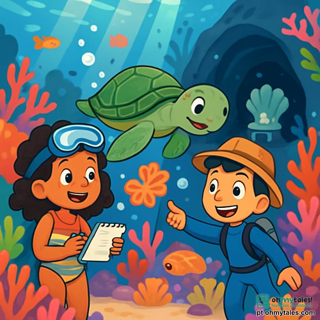 Há 3 personagens: - Lara: uma menina de 10 anos, com cabelos cacheados e castanhos, vestindo um maiô colorido e uma máscara de mergulho na testa. Ela segura um caderno em uma mão e olha maravilhada ao seu redor. - Tiago: um menino de 10 anos, com cabelos curtos e pretos, usando um chapéu de explorador e um traje de mergulho azul. Ele aponta para um lindo coral em forma de flor, com um grande sorriso no rosto. - Tuga: uma grande tartaruga marinha, com uma carapaça verde e olhos suaves, nadando graciosamente ao lado de Lara e Tiago, como um guia amigável. O local é um recife de coral subaquático, repleto de corais coloridos em rosa, laranja e roxo, com peixes multicoloridos nadando ao redor. Raios de sol filtram-se através da água clara, criando brilhos cintilantes na areia fina do fundo do mar. A cena principal mostra Lara e Tiago, maravilhados, explorando o recife de coral, enquanto Tuga os acompanha, guiando-os em direção a uma caverna misteriosa onde há um trono feito de conchas brilhantes. Bolhas de ar escapam de seus respiradores, adicionando um toque mágico a esta cena subaquática.