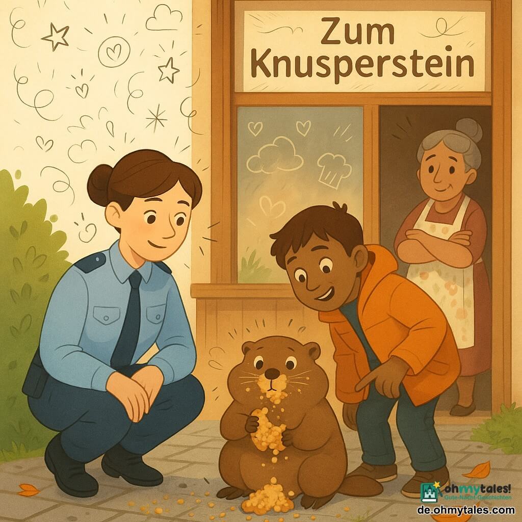 Eine etwa 35-jährige Polizistin, braune Haare zum Dutt, sanftes lächelndes Gesicht, hellblaues Uniformhemd mit Abzeichen, hockt vor einer Bäckereivitrine und reicht ruhig einen gelb-grünen Flyer; ein etwa 12-jähriger Junge mit kurzen kastanienbraunen Haaren und orangefarbenem Mantel steht neben ihr, gebeugt, zeigt mit dem Finger auf Krümel und wirkt neugierig und amüsiert; eine etwa 60-jährige Frau mit grauen Haaren im Dutt und blumiger Schürze steht an der Bäckertür mit verschränkten Armen, ihr Blick wird weich, überrascht und belustigt; ein dicker, niedlicher Wachtelhundähnlicher Nager mit vollen Backen und klebrigen Pfoten sitzt in einer kleinen Hecke vor der Vitrine und hält Reste einer zerdrückten Kuchenform, schuldig-komisch; Szene vor einer hellen Holzbäckerei mit beschlagener Scheibe und Schild "Zum Knusperstein", nasse Pflastersteine, einige Herbstblätter und eine grüne Hecke mit sichtbaren Krümeln, sanftes goldenes Morgenlicht; leichte auflösende Szene — Polizistin entlarvt den Kuchen-Dieb, Flyer werden verteilt, warme Atmosphäre, klare Mimik und freundliche Gesten, zentrierte Komposition, warme Palette, weiche Kontraste, flächiger illustrativer Stil mit klaren Linien und kleinen Doodles (Pfeile, Krümel, Herzen).
