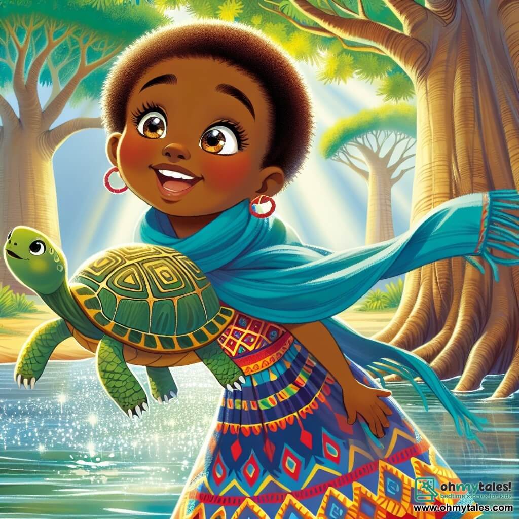 Nyala, a young African woman with a bright smile and curious eyes, stands by a sparkling river. She wears a colorful dress adorned with traditional patterns and a blue scarf fluttering in the wind. Her expression is full of enthusiasm and determination as she admires a small turtle named Babu, who helps her cross the river. Babu, a wise and friendly turtle, is green with golden patterns on his shell. He slowly moves in the water, offering his back for Nyala to climb on. The enchanting setting features tall baobab trees surrounding them, their branches extending like welcoming arms. Sunlight filters through the leaves, creating dancing shadows on the ground. The main scene shows Nyala, full of hope, climbing onto Babu's back, ready to cross the river and begin her adventure to the village of Maji, where she will discover stories of justice and sharing.