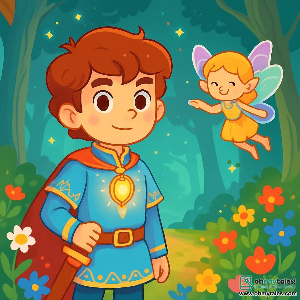 A young prince named Rowan, around 10 years old, stands at the edge of an enchanted glade, his eyes shining with determination and curiosity. He wears a sky-blue tunic adorned with golden patterns, and a glowing locket hangs around his neck, emitting a soft light. Beside him, the fairy Mirabel, small and delicate with shimmering pastel-colored wings, joyfully floats in the air, a warm smile on her face. The scene takes place in a magical forest, where majestic trees with silver trunks rise towards the sky, and colorful flowers cover the ground, creating a vibrant carpet. Fireflies dance around them, adding a touch of magic to the atmosphere. Rowan and Mirabel are preparing to enter the mysterious forest, determined to save the creatures in distress. Their expressions reflect both excitement and apprehension, ready to face the unknown together.