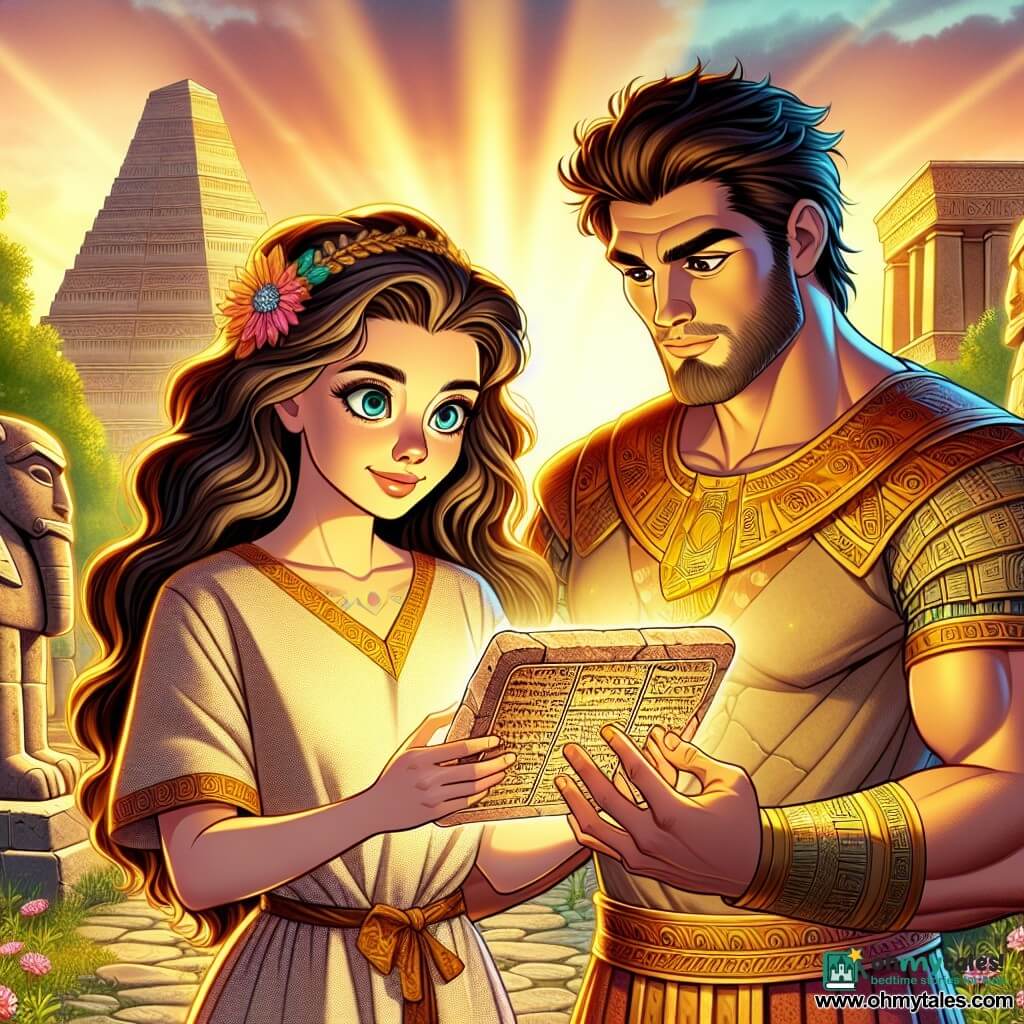 A young woman named Zara, around 20 years old, stands at the center of the image, her eyes shining with curiosity and wonder. She has long wavy brown hair, wearing a beige linen tunic adorned with golden patterns, and holds an ancient clay tablet that emits a soft glow. Beside her is King Gilgamesh, a muscular man of about 30, dressed in bronze armor and a royal cloak, looking at Zara with admiration and wisdom. In the background, the majestic palace of Uruk rises, with its imposing ziggurats and lush gardens bathed in the golden light of the setting sun. The scene conveys an atmosphere of mystery and adventure as Zara and Gilgamesh explore the secrets of the ancient tablet, surrounded by the echoes of forgotten stories.