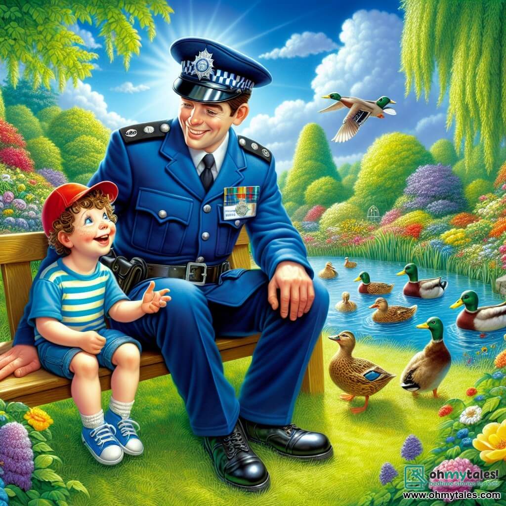 A smiling police officer in his thirties wears a bright blue uniform with a shiny badge on his chest. He has short brown hair and kind, sparkling eyes. He is sitting on a bench in a park, joyfully chatting with a six-year-old boy named Timmy, who has curly hair and a red hat. Timmy is wide-eyed with wonder, laughing and pointing at the ducks swimming in the pond. The park is lush, filled with colorful flowers and majestic trees, with a small pond where ducks are peacefully paddling. The sky is blue with a few fluffy white clouds, and the sun shines, creating a warm and cheerful atmosphere. The main scene shows the officer and Timmy sharing a friendly moment, with the officer explaining his job while watching over the boy, who dreams of becoming a police officer one day.