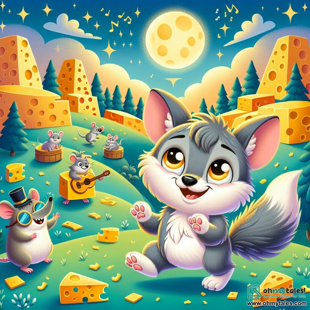 An illustration depicts a small wolf with soft gray fur, sparkling curious eyes, and a big smile, joyfully dancing in an enchanted meadow surrounded by colorful cheese hills and floating cheese pieces. Nearby, a small rat in a top hat and monocle, with a mischievous and enthusiastic expression, claps his paws, adding a magical touch to the scene. Further away, a group of cheese wheels, each wearing sunglasses, plays music with cheese-made instruments, creating a festive atmosphere. The main setting is an enchanting meadow with golden cheddar hills and peaceful brie rivers under a starry sky lit by a bright moon. The central scene shows the little wolf happily dancing, celebrating his discovery of a magical cheese-filled world, while the rat and cheese wheels cheer him on. Other graphic elements include sparkling light bursts around the characters, floating musical notes, and colorful cheese pieces adding a whimsical touch to the scene.
