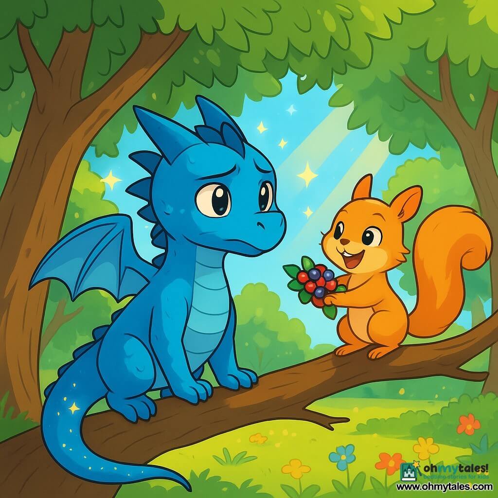 Willow, a young dragon with bright blue scales and a shimmering tail, stands on a tree trunk, looking determined yet slightly anxious. His eyes shine with hope, and small stars twinkle around him, symbolizing his courage. Next to him, Pip, a fluffy golden squirrel, perches on a branch with a wide smile and sparkling eyes, holding a crown of colorful berries he made for Willow. The setting is a sunny clearing in the heart of the Ancient Willow forest, surrounded by majestic trees with vibrant green leaves, colorful flowers scattered on the ground, and sunlight filtering through the branches. Willow and Pip are preparing for a grand picnic, surrounded by their animal friends, sharing laughter and smiles while celebrating strength and friendship.