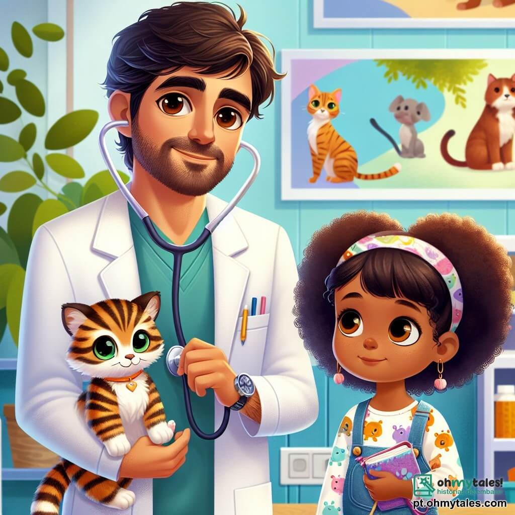O Dr. Pedro é um homem de cerca de quarenta anos, com cabelos castanhos levemente encaracolados e uma barba bem aparada. Ele usa um jaleco branco de veterinário e um estetoscópio ao redor do pescoço, exibindo um sorriso caloroso enquanto examina uma pequena gata chamada Lili, que tem pelagem listrada e olhos verdes brilhantes. Ao seu lado, Ana, uma menina de 8 anos com cabelos castanhos encaracolados e olhos curiosos, observa atentamente. Ela usa uma camiseta colorida com estampas de animais e um short jeans, segurando um pequeno caderno nas mãos, pronta para anotar o que aprende. A cena acontece em uma clínica veterinária iluminada e acolhedora, com paredes pintadas de azul pastel, cartazes de animais pendurados e brinquedos para pets espalhados pelo chão. Plantas verdes adicionam um toque de natureza ao ambiente. Na ilustração, o Dr. Pedro escuta o coração de Lili com seu estetoscópio, enquanto Ana, encantada, observa a cena com um grande sorriso, sonhando em se tornar veterinária também.