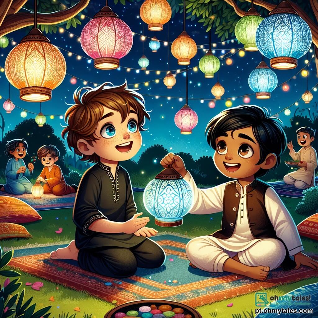 Um garoto de 10 anos, chamado Gustavo, com cabelos castanhos bagunçados e olhos brilhantes de curiosidade, está no centro da imagem, com um grande sorriso no rosto, maravilhado com as lanternas coloridas que dançam ao seu redor. À sua direita, Samir, um garoto de 10 anos com cabelos pretos e olhos vivos, segura uma lanterna de vidro, com uma expressão alegre e entusiasmada, compartilhando um momento de cumplicidade com Gustavo. O cenário é um jardim encantador, iluminado por lanternas multicoloridas penduradas nos galhos das árvores, criando uma atmosfera mágica. Almofadas coloridas estão espalhadas na grama, e uma grande mesa está cheia de pratos tradicionais, como frutas frescas e doces, adicionando toques de cor e calor à cena. A situação principal mostra Gustavo e Samir, cercados por seus amigos, escrevendo desejos em papéis coloridos para colocar nas lanternas, todos rindo e compartilhando histórias, enquanto as estrelas brilham no céu noturno.
