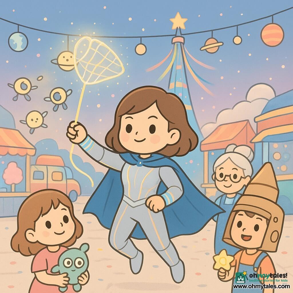 Astra Quill, a smiling but focused heroine with a determined, kind expression, meteor-blue cape floating, silver suit with thin glowing gold lines and luminous Quill-Bands on her wrists, casts a luminous filament net to catch small moon-symbol drones in a dynamic, slightly crouched pose; a ~6-year-old girl holding a three-eyed alien plush looks at Astra from the left foreground, a ~8-year-old boy with a cardboard helmet and admiring smile stands near a snack stand to Astra’s right, and Juniper Glint, a ~60-year-old inventor with round glasses on her head and sparkly overalls, offers a star-shaped Calm-Caster from behind; the setting is SparkFest Grand Esplanade with mica-like paved ground, floating planet lantern garlands, colorful booths (rocket snack truck, bubble stall) and a central Sky-Spinner tower sending multicolored light ribbons into the twilight; calm-action scene of drones being netted above a cotton-candy stand while the crowd retreats safely amid soft lights and confetti, festive and reassuring mood; kawaii minimal style, rounded shapes, clean outlines, bright pastel palette (meteor blue, silver, gold, pale pink), soft shadows, smooth textures and a clear, child-friendly composition.