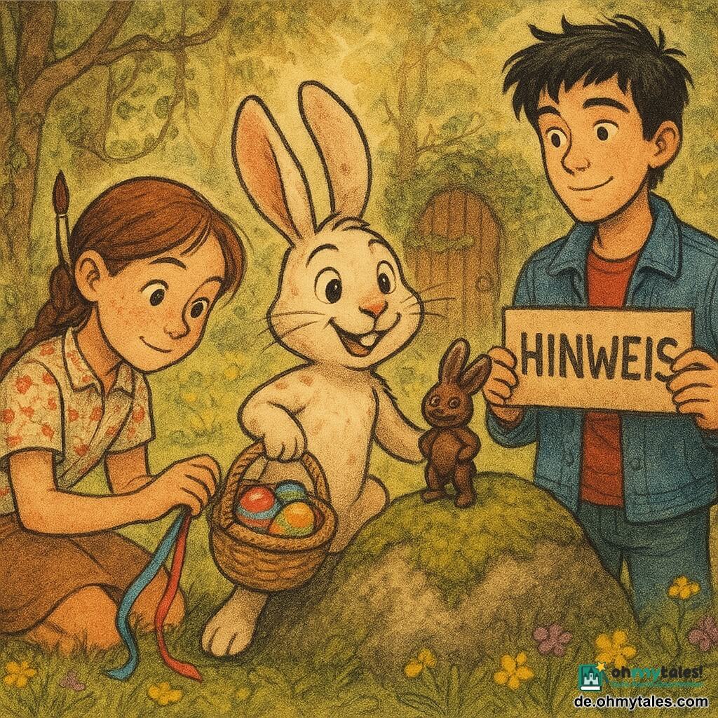 Ein fröhlicher, neugieriger anthropomorpher Hase Hoppel mit cremeweißem Fell und hellbraunen Flecken, großen weichen Ohren und haselnussbraunen Augen hält einen kleinen Weidenkorb voller bunter Ostereier und hat eine Pfote auf einem moosbedeckten, sprechenden Felsen; links hockt das sommersprossige Mädchen Leni mit braider Haarzopf, Blumenbluse und Pinsel hinter dem Ohr, konzentriert ein buntes Band an einen Ast bindend, rechts steht der Teenager Emir mit zerzausten schwarzen Haaren und Jeansjacke, stolz-innig und hält eine kleine Kraftpapier-Pinnkarte mit handgeschriebenem Hinweis; auf dem Felsen sitzt die freche Schokoladenfigur Kalle in Hasengestalt mit Händen in die Hüften; Schauplatz: frühlingshelle Waldlichtung mit grüner Wiese, gelben und violetten Wildblumen, teils vergrabener glatter Fels, Baumstämme mit Lianen und einer kleinen Holztür hinter Brombeerlaub, goldener Morgenlichtschein; Szene: drei Freunde bereiten eine magische Eiersuche um den sprechenden Felsen vor, warme bunte Atmosphäre, sichtbare Texturen (taktiles Moos, raue Rinde, glänzende Eifarbe, Kraftpapier), Stil: sanfte, leicht strukturierte Illustration wie ein Druck auf Zeitungspapier mit weicher, frühlingshafter Farbpalette.