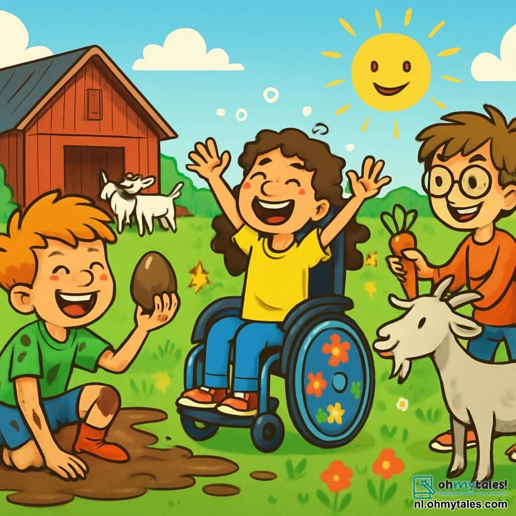 Er zijn 3 personages: - Sam: een 10-jarig jongen met rommelig rood haar, sproeten op zijn gezicht en een grote glimlach. Hij zit in de modder, lacht hard, met een chocolade-ei in één hand. - Noor: een 10-jarig meisje, zittend in een mooie rolstoel versierd met kleurrijke bloemen. Ze heeft lange, krullende bruin haar en draagt een felgele t-shirt. Ze lacht luid, met haar armen in de lucht, omringd door blije bellen. - Daan: een 10-jarig jongen met ronde bril en rommelig kastanjebruin haar. Hij staat, houdt een wortel in één hand en probeert de aandacht van een geit te trekken die naast hem staat, met een grappige blik. De locatie is een groen veld, bezaaid met kleurrijke wilde bloemen, met een oude houten schuur op de achtergrond. Hennen pikken de grond en een groep nieuwsgierige geiten komt dichterbij, klaar om kattenkwaad uit te halen. De lucht is blauw met enkele pluizige witte wolken en de zon schijnt vrolijk. De belangrijkste situatie toont Sam, Noor en Daan die samen plezier hebben in de modder, lachend nadat ze een chocolade-ei in het kippenhok hebben gevonden. Sam is bedekt met modder, Noor lacht hard, en Daan probeert een geit te laten dansen, wat een scène vol vreugde en kameraadschap creëert.