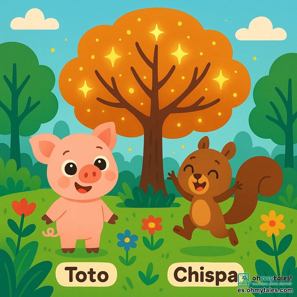 Un pequeño cerdito rosa llamado Toto, con grandes ojos brillantes y una sonrisa alegre, está frente a un árbol mágico con ramas centelleantes, iluminado por pequeñas luces doradas. A su lado, una ardillita marrón llamada Chispa, con una cola en forma de penacho y ojos chispeantes, salta de alegría, con las patas en el aire. El escenario es un bosque encantado, lleno de flores coloridas, hojas verdes y un cielo azul claro. Toto y Chispa descubren juntos el misterioso árbol que brilla en la noche, llenos de asombro y emoción.