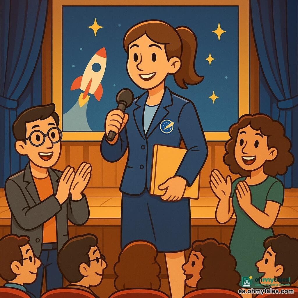 Elena, astronauta, sonriente y segura, cabello castaño en coleta, traje azul semi-formal con insignia espacial, con micrófono y carpeta luminosa en el centro del escenario; Luis, ingeniero, piel clara, gafas redondas, cabello corto negro, chaqueta gris y camiseta naranja, a la izquierda aplaudiendo; Ana, colega, cabello rizado castaño, vestido verde, aplaudiendo a la derecha; gran auditorio moderno con butacas rojas, pantalla con cohete estilizado y estrellas, iluminación ámbar y cortinas azul noche; Elena presenta su misión espacial ante un público entusiasta con luces de escenario y diapositivas coloridas, ambiente de asombro y unión.