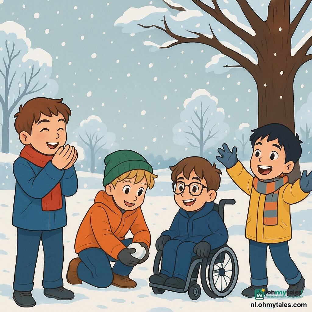 Er zijn 4 kinderen: - Finn: een 10-jarig jongen met kastanjebruin haar en glanzende ogen. Hij draagt een rode sjaal en een blauwe jas. Hij staat rechtop, glimlachend, terwijl hij warme lucht in zijn handen blaast. - Bram: een 11-jarig jongen met messy blond haar en roze wangen. Hij draagt een groene muts en een oranje jacket. Hij is in een hurkende positie en vormt een sneeuwbal met zijn handen. - Sam: een 10-jarig jongen met een bril en bruin haar. Hij zit in een rolstoel, gekleed in een marineblauwe jas. Hij lacht vrolijk terwijl hij naar zijn vrienden kijkt. - Luuk: een 9-jarig jongen met zwart haar en sprankelende ogen. Hij draagt een gestreepte sjaal en een gele jas. Hij maakt armbewegingen, alsof hij sneeuwvlokken wil vangen. De locatie is een winterpark, met grote bomen bedekt met fonkelende sneeuw. De grond is bedekt met een laag verse sneeuw, en sneeuwvlokken vallen zachtjes uit de lichtgrijze lucht. In de verte is er een licht besneeuwde houten bank en voetsporen die naar een majestueuze eik leiden. De belangrijkste situatie toont de kinderen die samen in de sneeuw spelen, lachend en zich vermakend. Finn blaast in zijn handen om zich op te warmen, terwijl Bram een sneeuwbal vormt. Sam, in zijn rolstoel, glimlacht terwijl hij naar zijn vrienden kijkt, en Luuk springt om sneeuwvlokken uit de lucht te vangen. De sfeer is vrolijk en levendig, met gelach dat in de koude lucht weerklinkt.