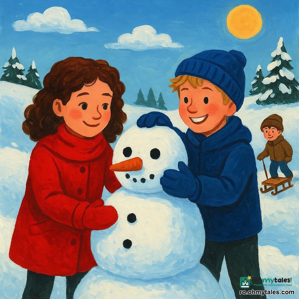 O fată de 10 ani, pe nume Mara, cu părul brunet și creț și obrajii roz, zâmbește timid. Poartă un palton roșu aprins și mănuși din lână și modelează un bulgăre mare de zăpadă. Un băiat de 11 ani, Andrei, stă lângă ea, cu părul blond ciufulit și un zâmbet strălucitor. Poartă o căciulă albastră și o ajută pe Mara să construiască un om de zăpadă. În fundal, un băiețel de 6 ani, Mihai, cu părul castaniu și un chip ștrengar, se joacă cu o sanie de lemn. Scena are loc pe un deal acoperit de zăpadă, presărat cu brazi acoperiți de zăpadă strălucitoare. Cerul este de un albastru deschis, cu nori albi pufoși. Situația principală îi arată pe Mara și Andrei dând viață unui om de zăpadă, cu ochi din cărbune și un nas din morcov, sub un soare de iarnă strălucitor.
