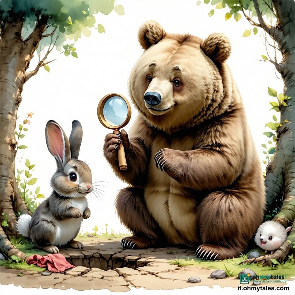Un grande orso bruno, dolce e attento, si inginocchia accanto a una buca nel terreno e osserva piccole tracce con una lente di legno; una coniglietta grigia dalle grandi orecchie rosa, gioiosa, fiuta il terreno e indica un piccolo filo di stoffa rosso; un piccolo riccio timido, con aculei arrotondati e una sciarpetta rossa, sembra imbarazzato ma sollevato e tiene un sacchetto di foglie vicino al ruscello; una volpe maliziosa ma amichevole, dal pelo rossiccio, sorride osservando vicino ai filari di pomodori; luogo: un orto luminoso e colorato sul bordo di un ruscello con file di carote arancioni, foglie verdi, terra scura e umida, pietre lisce, un cumulo di compost e qualche lucciola; scena principale: indagine sulle carote scomparse con indizi visibili (pezzetti di carota, piccole impronte rotonde, un filo rosso), atmosfera calda e luminosa, composizione centrata sull'orso detective e la scoperta degli indizi.