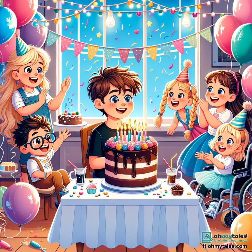 In una stanza colorata, Luca, un bambino di cinque anni con capelli castani disordinati e un grande sorriso, è al centro, mentre tiene una grande fetta di torta al cioccolato. Alla sua destra, Sofia, una ragazza di cinque anni con capelli biondi intrecciati e occhiali, ride mentre tiene un palloncino blu. A sinistra, Carla, una ragazza in sedia a rotelle con capelli castani e un bel vestito rosa, applaude con entusiasmo. La stanza è decorata con palloncini colorati, festoni scintillanti e un grande tavolo pieno di dolci: un'enorme torta al cioccolato, caramelle multicolori e bicchieri di succo di frutta. La scena principale mostra Luca che soffia sulle candeline della sua splendida torta di compleanno, circondato dai suoi amici che lo incoraggiano gioiosamente, creando un'atmosfera festosa e piena di felicità.