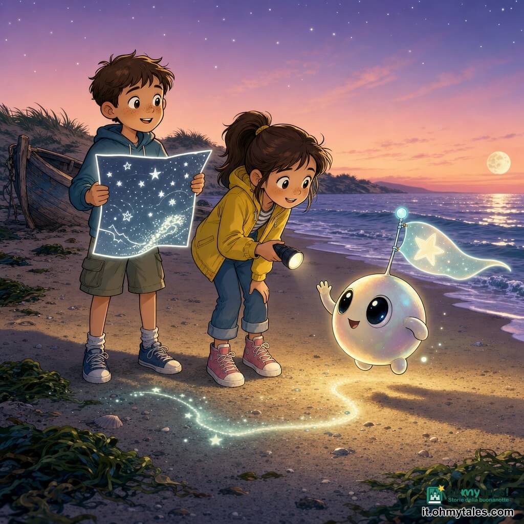 Ci sono tre personaggi: Luca, bambino di 9 anni dai capelli castani corti e lentiggini, occhi dolci, tiene una grande mappa stellata fosforescente; Martina, bambina di 9 anni con capelli castani raccolti in coda, giacca gialla e torcia, si china verso una piccola creatura; Nubi, un extraterrestre piccolo e rotondo come un pomelo, pelle perla iridescente, grandi occhi neri lucenti e un'antenna con una bandierina luminosa, fluttua sopra la sabbia salutando. Ambientazione: una spiaggia al crepuscolo con sabbia dorata, alghe scure, leggere onde argentate, una duna bassa e una vecchia barca di legno mezza sepolta, cielo rosa-lilla con le prime stelle e una luna pallida all'orizzonte. Situazione: i bambini scoprono Nubi vicino a una conchiglia luminosa sulla riva; la mappa di Luca emette un bagliore argentato che traccia una scia sulla sabbia; atmosfera dolce, magica e amichevole, colori pastello con accenti fosforescenti sulla mappa e sulla creatura.