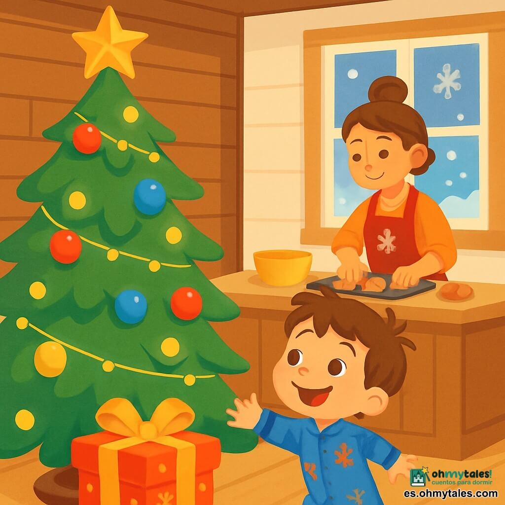 Un niño pequeño de 2 años, Lucas, con cabello castaño desordenado y ojos brillantes de alegría, mira maravillado un gran árbol de Navidad decorado con bolas de colores y una estrella brillante en la cima. Lleva un pijama azul con dibujos de renos y una gran sonrisa iluminada por la luz de las guirnaldas. Su mamá, una mujer de unos 30 años con cabello castaño recogido en un moño, está preparando pasteles en la mesa de la cocina, rodeada de deliciosos olores a canela. Lleva un delantal rojo con copos de nieve. La escena se desarrolla en una acogedora casa de madera, con paredes pintadas de blanco y ventanas decoradas con copos de nieve. Afuera, la nieve cae suavemente, cubriendo el jardín con un espeso manto blanco. Lucas, emocionado, extiende la mano hacia un gran regalo colorido debajo del árbol, con los ojos brillantes de anticipación y felicidad.