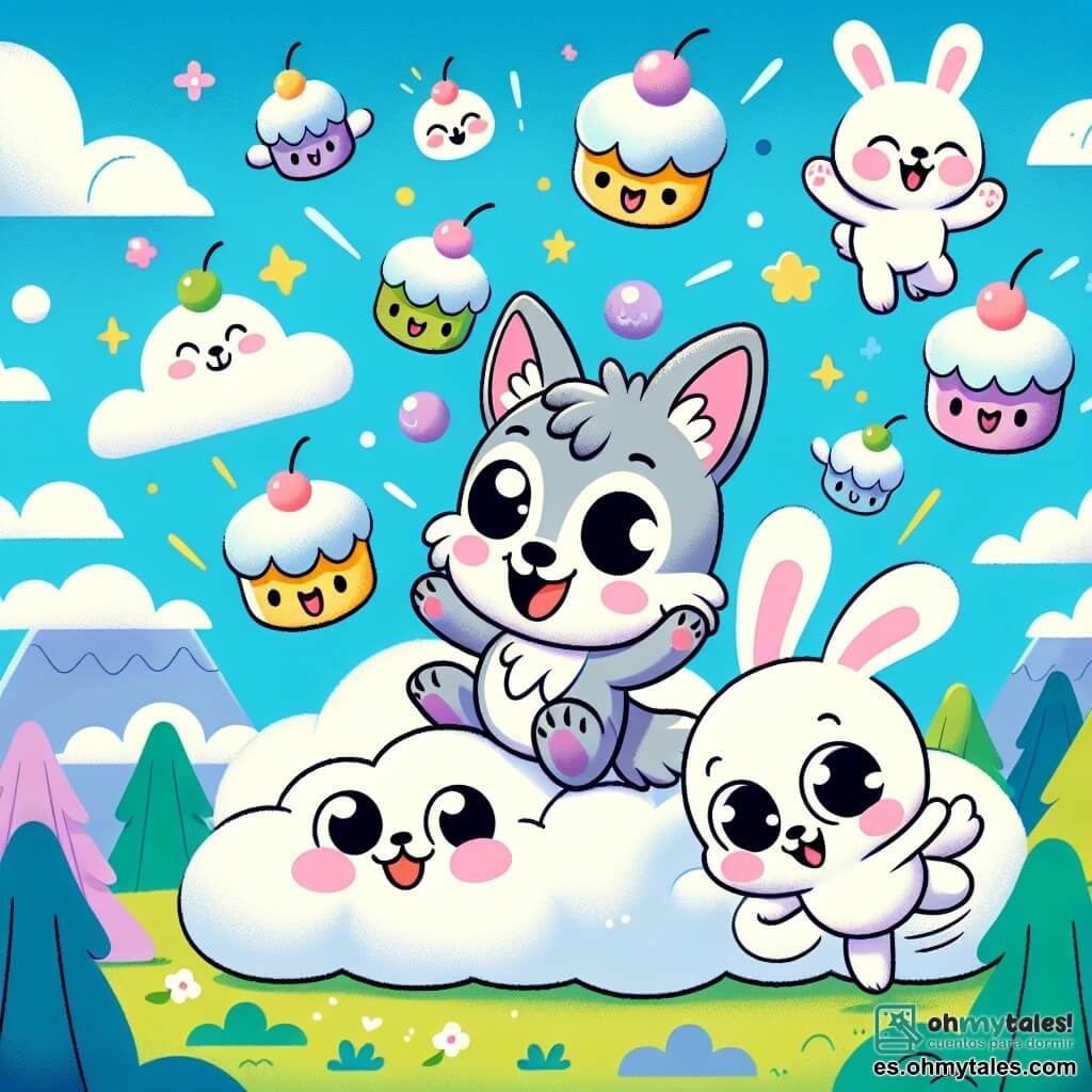 Un pequeño lobo llamado Lulú, con pelaje gris y ojos llenos de curiosidad, salta alegremente sobre una nube esponjosa, sonriendo. A su lado, un adorable conejito llamado Rabo, con largas orejas y pelaje blanco, observa maravillado los pasteles voladores, sus ojos brillando de alegría. En el cielo, pasteles coloridos con ojos sonrientes bailan y giran a su alrededor, creando un ambiente festivo y mágico. El cielo es de un azul brillante, salpicado de nubes esponjosas, y abajo, un paisaje de bosques verdes y suaves colinas se extiende hasta donde alcanza la vista. La escena principal muestra a Lulú y Rabo divirtiéndose en la nube, rodeados de pasteles voladores que hacen piruetas, todos riendo juntos en una atmósfera alegre y lúdica.