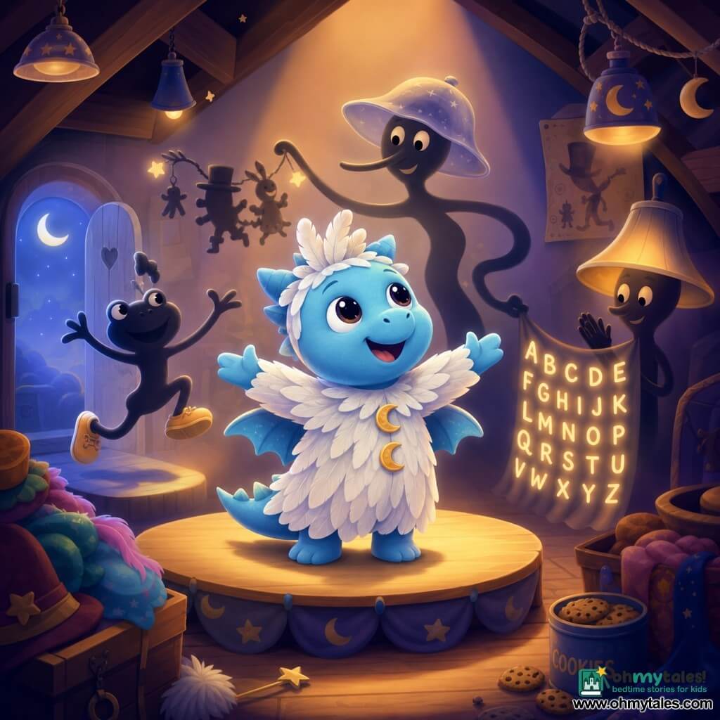 The main character is a small sky-blue plush dragon with shiny round eyes and a crescent smile, looking amazed and joyful in a white feather costume with moon-shaped buttons, bowing on a small round stage; a long, ribbon-like shadow leader with a spaghetti nose and translucent rain hat smiles mischievously and leads a parade of thin shadows behind the dragon, including a squeaky-shoed frog-like shadow hopping left and another with a lamp-shaped hat holding a small curtain of glowing letters and clapping on the right; the cozy attic setting has warm wooden beams, hanging antique lamps casting circles of light, piles of costumes, and a tiny moonlit shadow door, creating a soft, funny, magical mini shadow-theater.